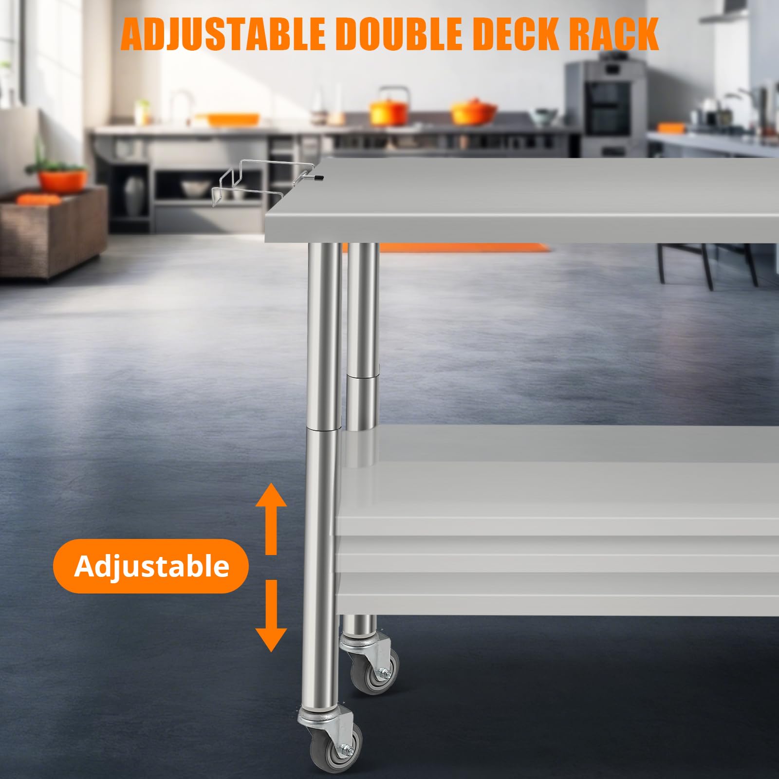 Mesa de preparación de acero inoxidable de 36 x 24 pulgadas, mesas de trabajo comerciales y estaciones de trabajo con soporte extraíble para bolsa de basura, mesa de utilidad de metal con ruedas para