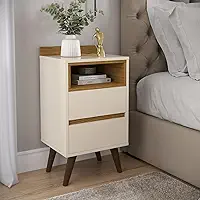 Mesa de Cabeceira Alamo Duda 2 Gavetas Canto Quarto Retro com Nicho (OFF WHITE C/NATURE)