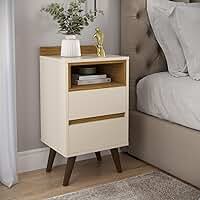 Mesa de Cabeceira Alamo Duda 2 Gavetas Canto Quarto Retro com Nicho (OFF WHITE C/NATURE)