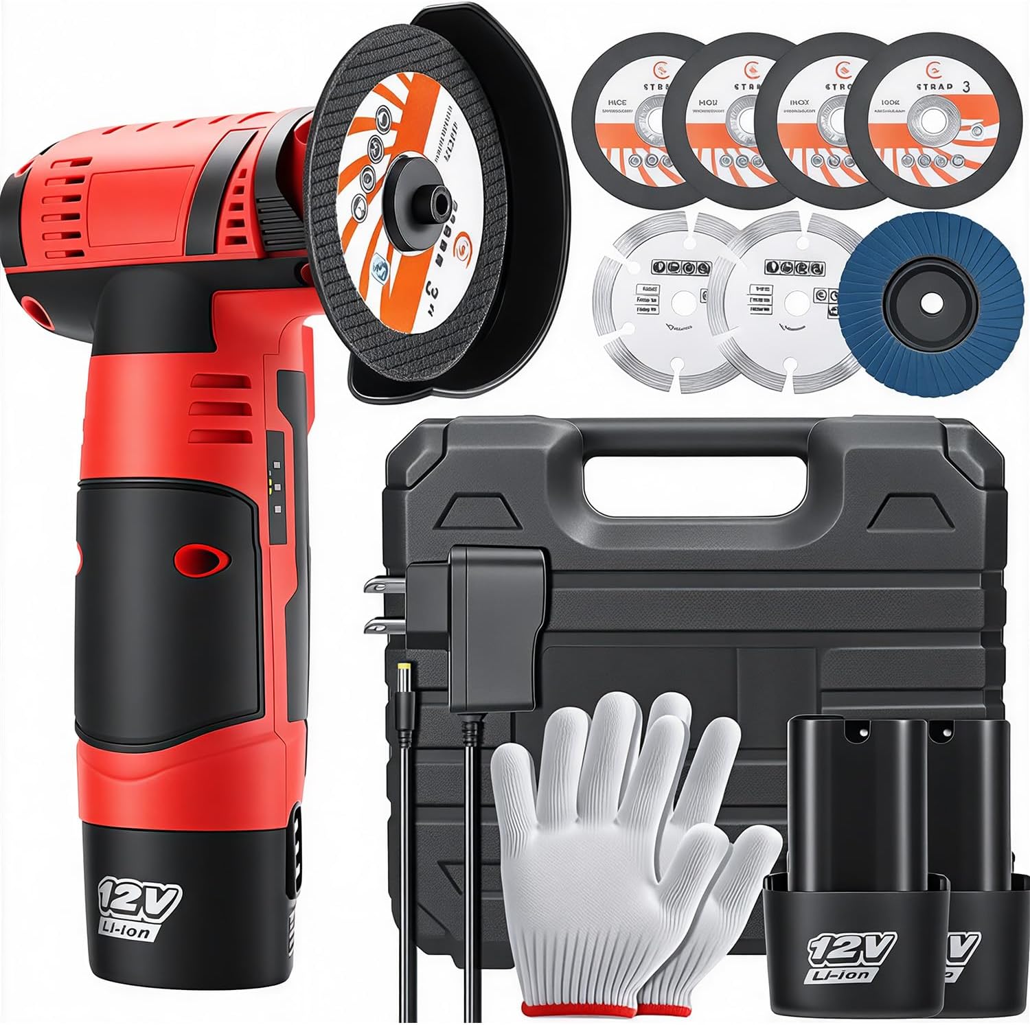 Cordless Angle Grinder, Mini Angle Grinder 19500RPM with 7 Cutting Discs and 2pcs Batteries, 76mm Side Disc Small Battery Grinding Tool for for Cutting Polishing and Sharpening