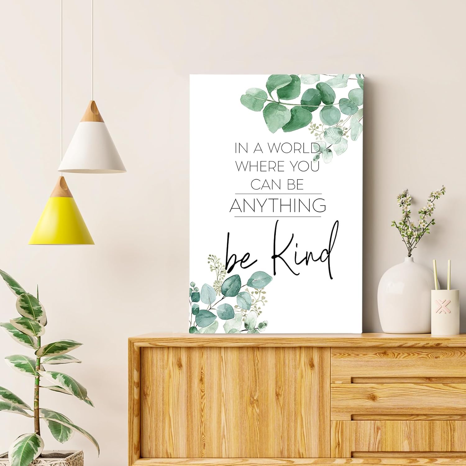 HIWX Be Kind Inspirational Framed Canvas Wall Art Decor, Eucalyptus Botanical Motivational Positive Wall Art Decoration for Bathroom Office Bedroom Home Prints 16x24