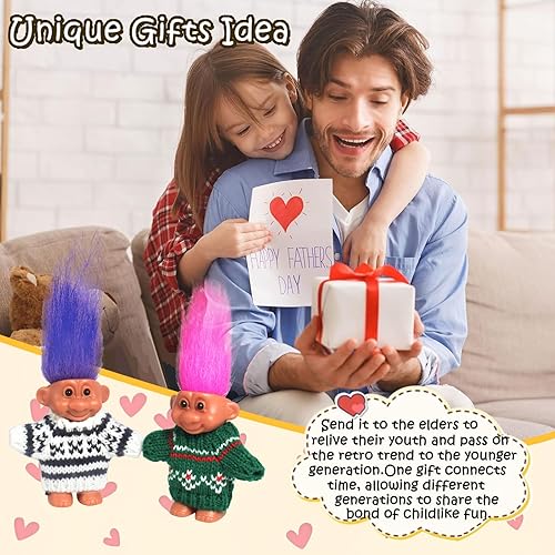 Miniatura 5 de 2 muñecas retro de la suerte Troll en suéteres tejidos a mano, coloridos, adorables, ideales para colecciones, proyectos escolares, manualidades y