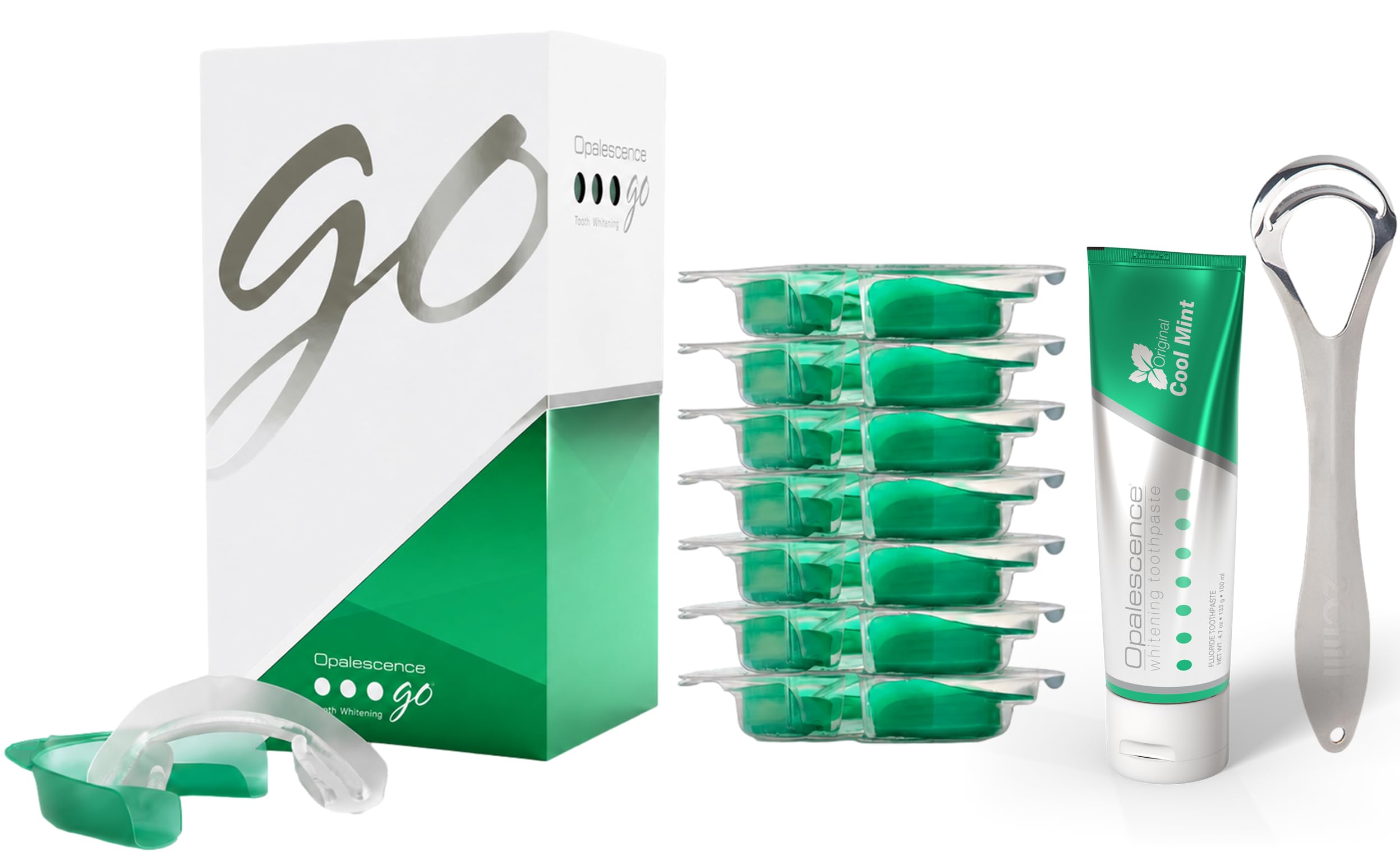 Opalescence Go 15 - Prefilled Teeth Whitening Trays Bundle 6238-1TS | Hydrogen Peroxide 15% - Includes Original Whitening Toothpaste Travel Size 1 Oz & Tongue Scraper (7 Treatments) Mint Flavor