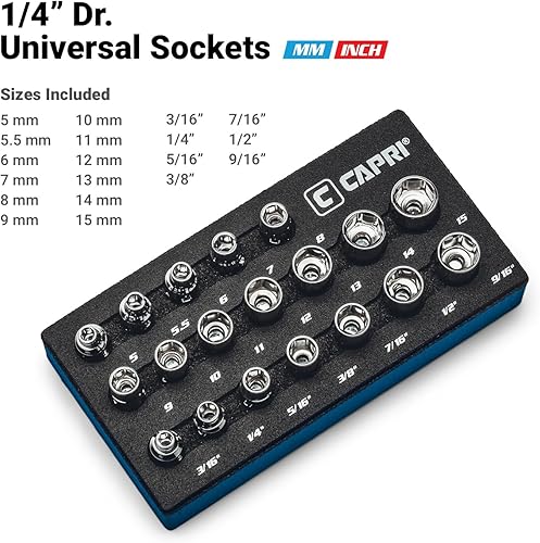 Miniatura 6 de Capri Tools Juego de llaves universales Drive Master de 14 pulgadas, 5 a 0.591 in, 316 a 916 pulgadas métricas y SAE, 19 piezas