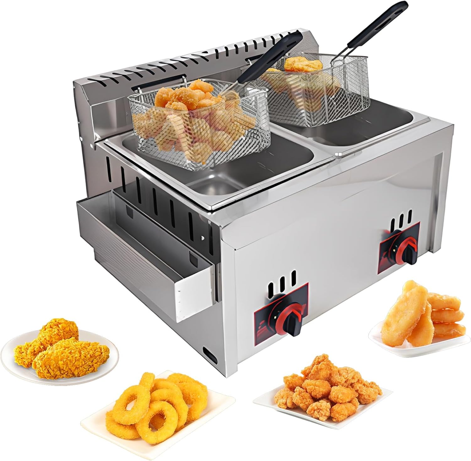Stainless Steel Gas Fryer-Adjustable Firepower & Temperature Control-Countertop Commercial Use Fryer