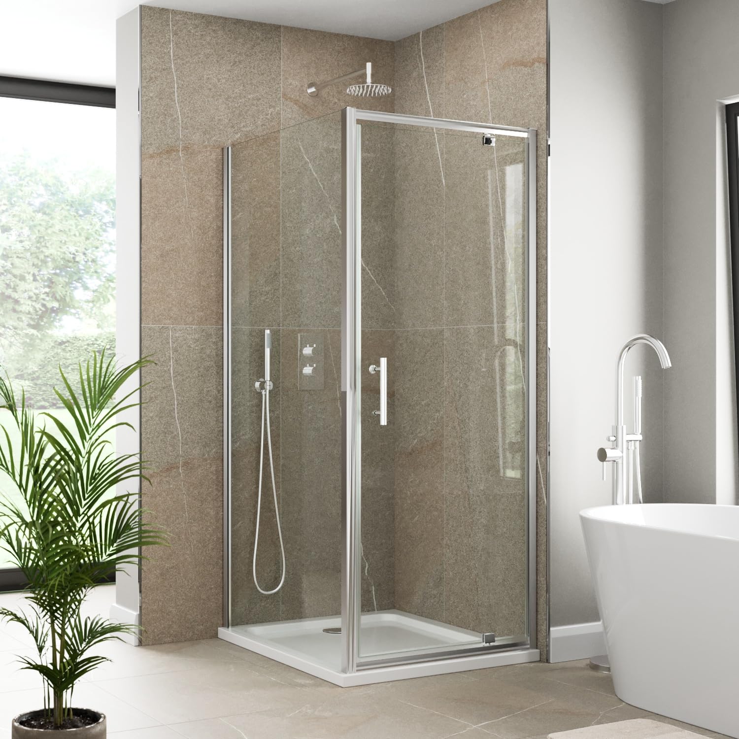 Luxura Chrome Luxura® 900 X 760Mm Pivot Shower Enclosure Door Screen For Wet Room Cubicle Enclosures, 6Mm Toughened Safety Glass, Framed, Polished
