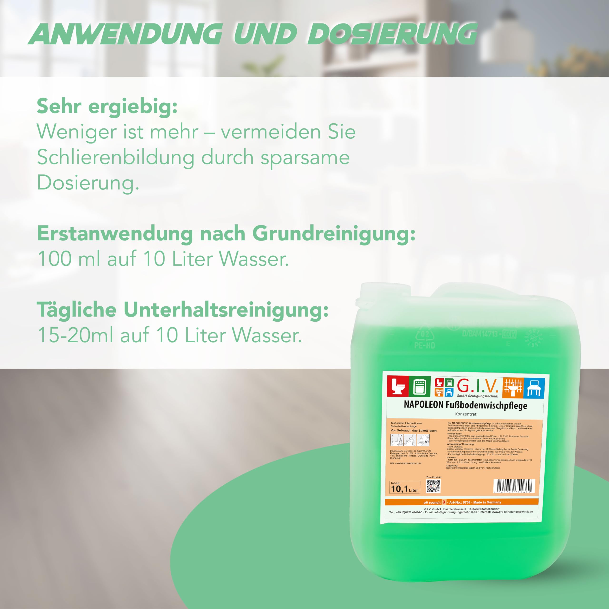 Fußbodenwischpflege 10,1 L Kanister - Fußbodenreiniger & Pflegemittel - Bodenreiniger für - wasserfeste Böden, seidenglänzender Pflegefilm - für Mopp & Maschinenreinigung