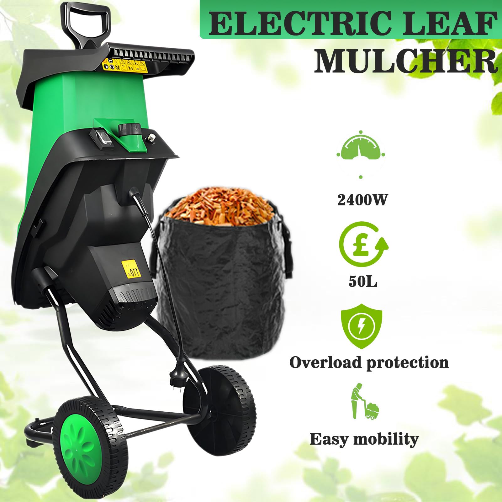 Trituradora eléctrica de jardín y trituradora de madera, potente trituradora de hojas con bolsa de recogida de 50 L, capacidad de corte de 40 mm, protección contra sobrecarga para césped y jardín