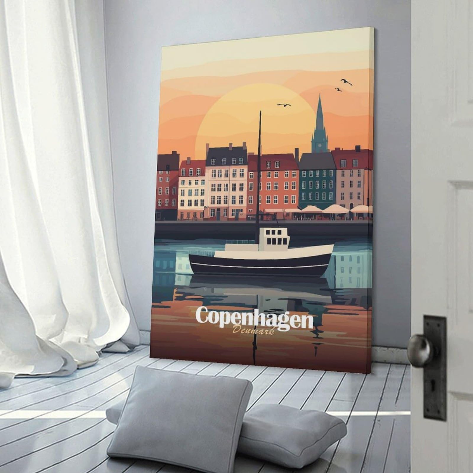 Junmoney Frame-Style-13 Copenhagen Sunset Cityscape Canvas Wall Picture, 20X30inch(50X75cm), For Study, Office Or Focused Interiors, Home Office Artwork With Decorative Appeal