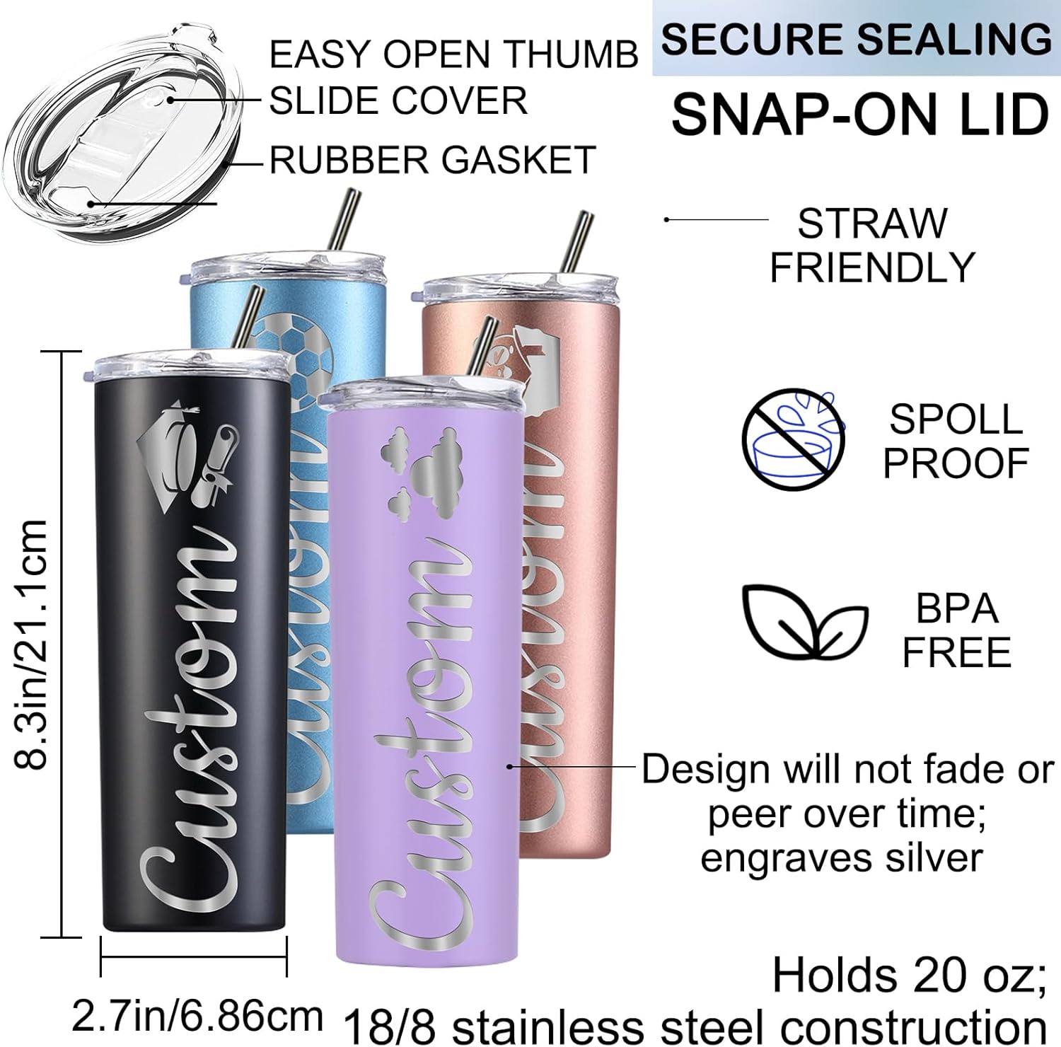 Personalized Tumbler - Laser Engraved with Name,20oz Custom Stainless Steel Cups Personalized Skinny Tumblers with Lids and Straws for Women Men Gifts - 13 Colors & 42 Icons - Image 4