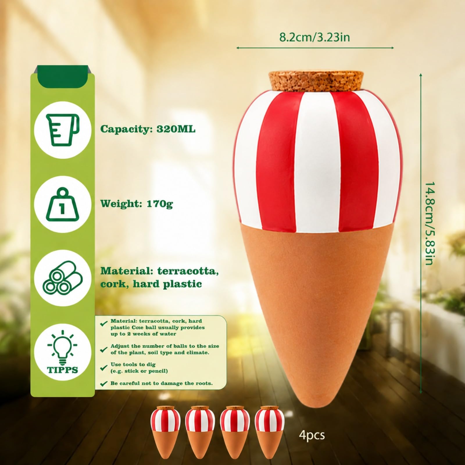 Oyas a Planter Terre Cuite, Distributeur Eau Plante 4Pcs, Pointes Auto-arrosantes en Terre Cuite, Globes Arrosage Automatique Interieur pour Plante, Cônes d'argile (Rouge)