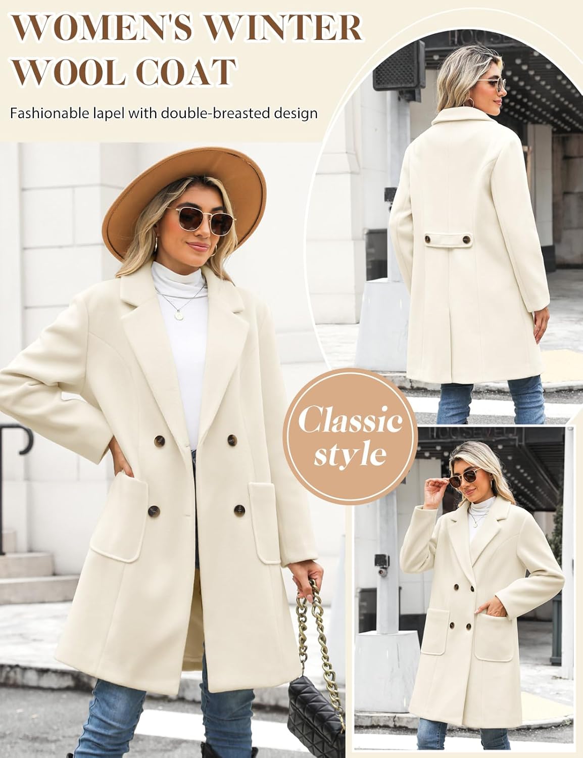 NRZD Women's Pea Coats Wool Blend Double Breasted Fall Winter Coats Notch Lapel Mid Long Trench Coat with Straight Pockets - Image 2