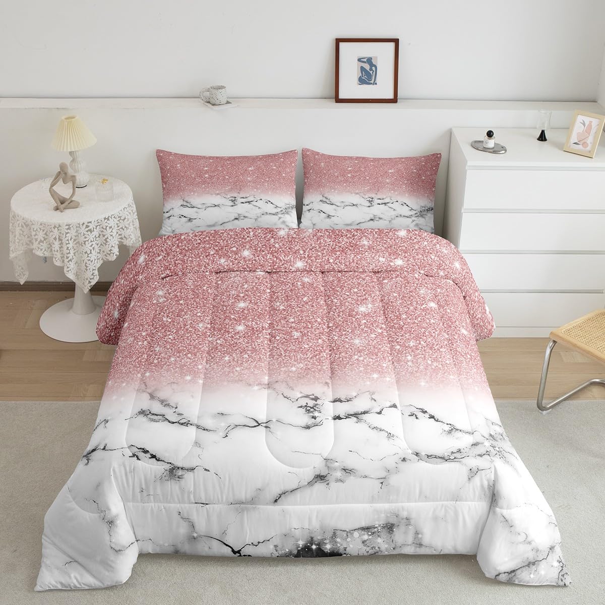 Feelyou Girls Marble Comforter Twin Size Gradient Glitter Kids Down Comforter Set for Boys Girls Women Girly Pink Grey White Marble Ombre Bedding Set Modern Marble Aesthetic Quilt Decor Boys