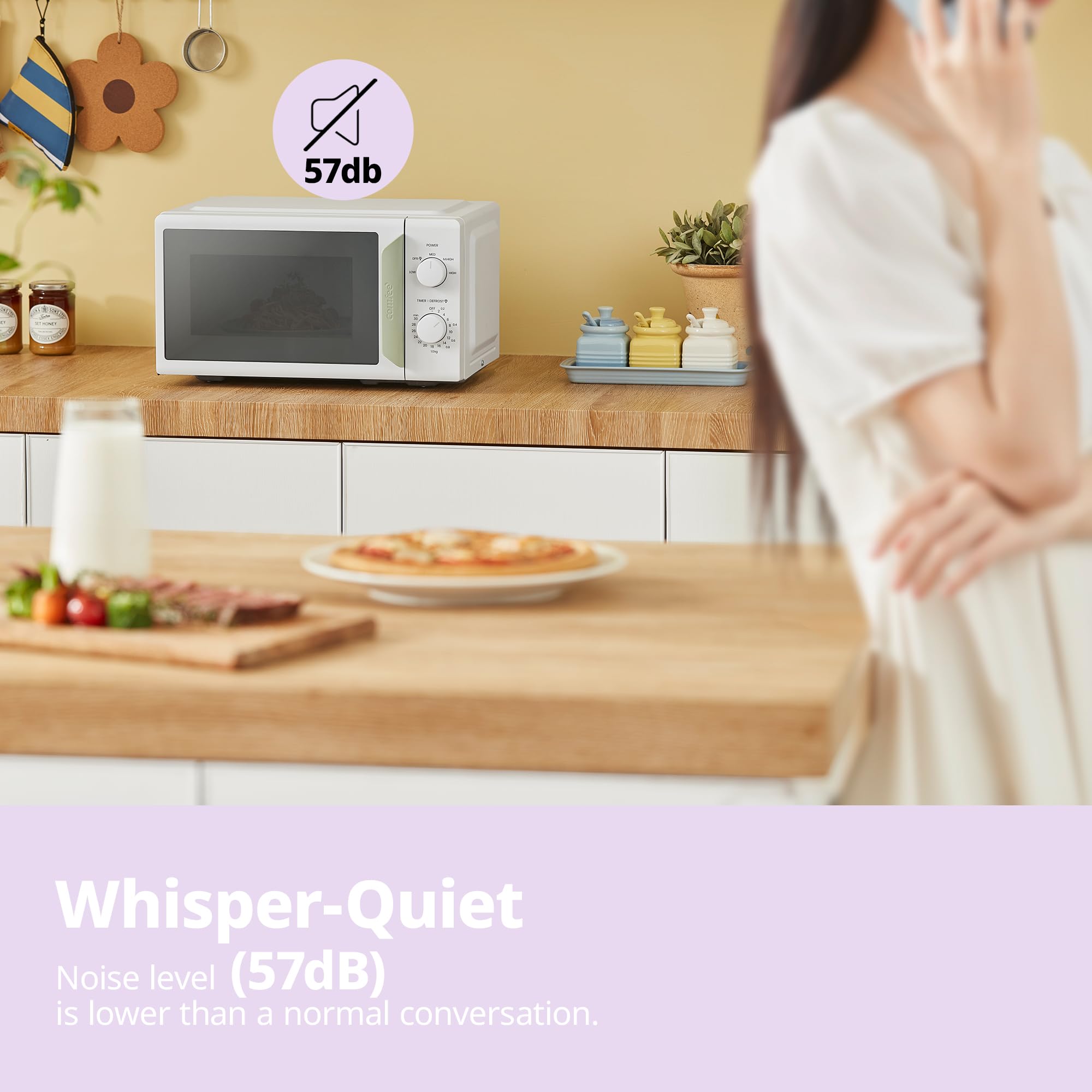Comfee' - Mini forno a microonde da 700 W e 17 L bianco e salvia, design compatto, funzione InverTech e scongelamento rapido, 5 livelli di potenza di cottura con timer manuale di cottura