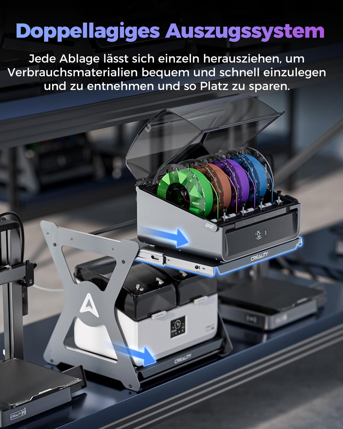 Creality CFS Arbeitsständer, Platzsparend, Zweilagiges Ausziehdesign, Tragkraft Bis Zu 15 kg, Metalldämpfungsschienen,Eloxiert, Geeignet Für Drucker, Trockenboxen, CFS, Arbeitsständer Für 3D-Druck