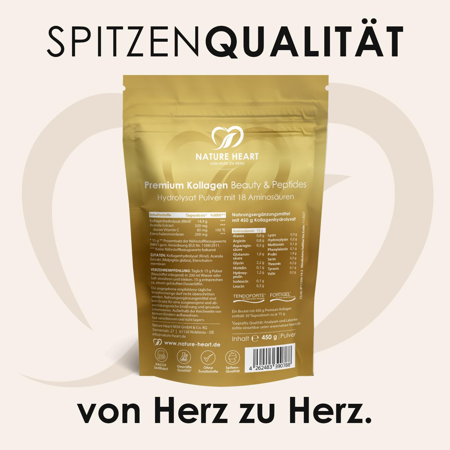 Nature Heart Poudre de peptides de collagène de qualité supérieure 450 g - issue de l'élevage - Sans goût, soluble avec de l'acérola et plus de 91 % de protéines