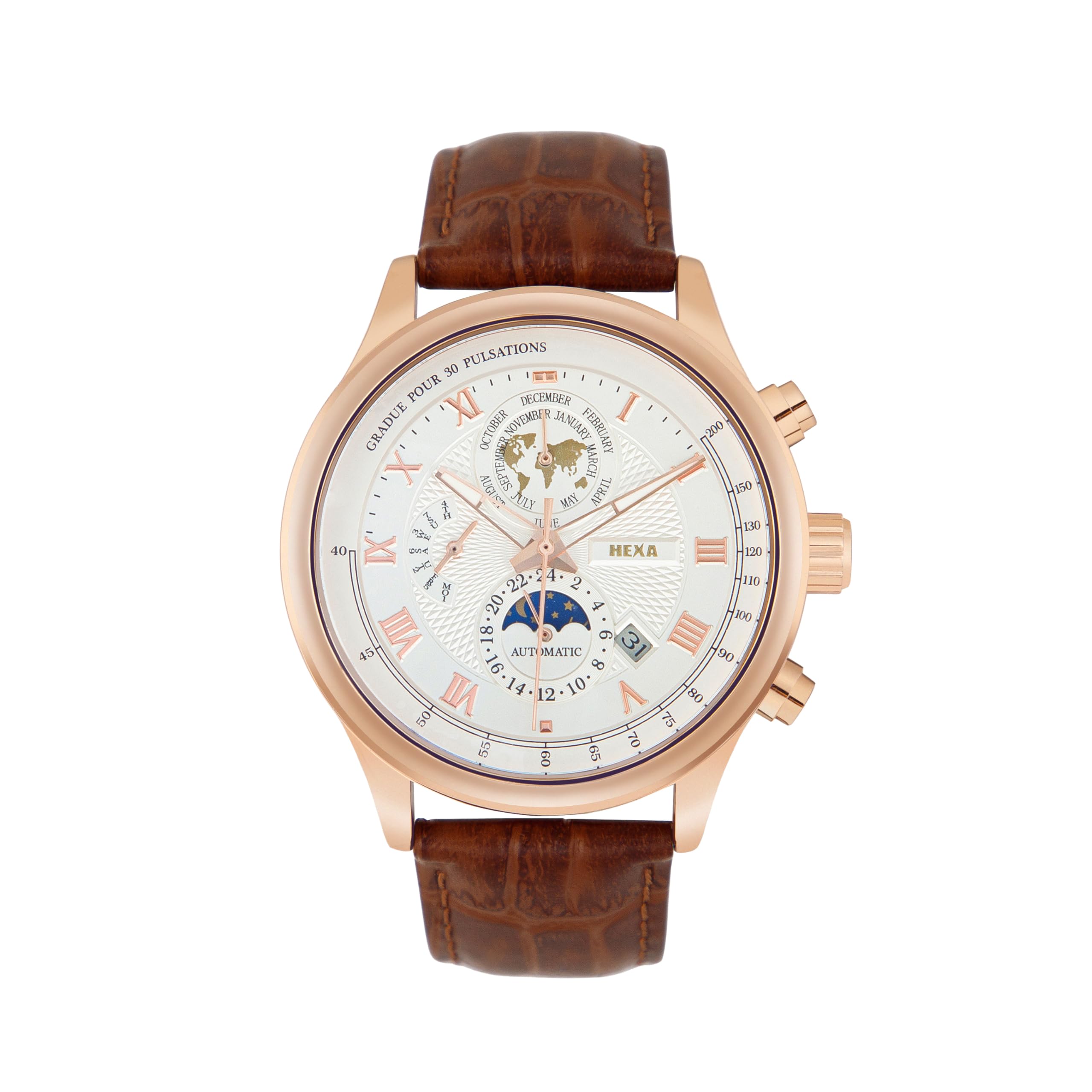 HEXA Hustler Automatic Mechanical Watch for Men | Multifunction Analog Dial | Leather Strap | 45 mm Round Case | Mineral Glass | 3ATM Water Resistant Luxury Watch