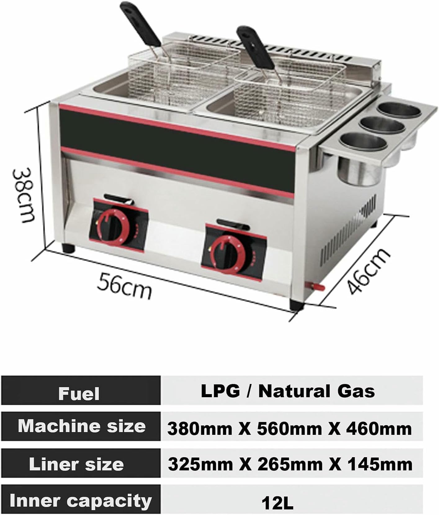 Freidora Freidora a Gas Comercial, freidora a Gas GLP de sobremesa, Acero Inoxidable, freidora Doble de Gran Capacidad de 22 litros, con cestas extraíbles, Caja de Fuego Regulable~/