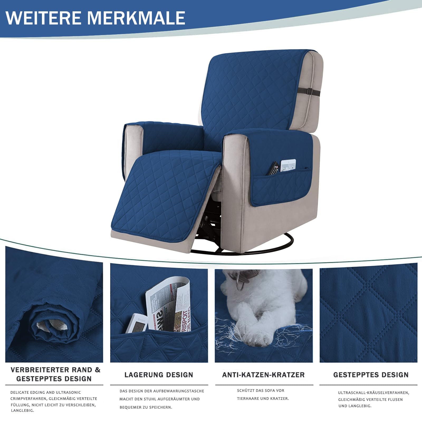 Housses de Fauteuil inclinable, Couverture Protecteur Canapé 1 Place Doux et Confortable, Housse de canapé inclinable, Protecteur de Fauteuil inclinable Lavable à la Maison (Bleu Foncé, L)