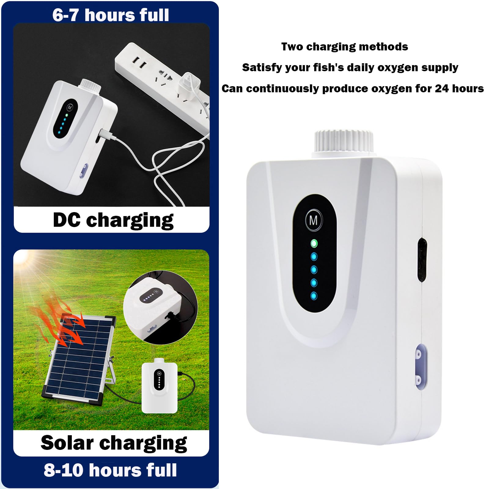 Bomba de Aire Solar 6W Con Batería 6000mAh - Aireador de Estanque y Acuario, Carga USB y Solar - Oxigenador Con Tubo de Piedras de Burbujas Para Pesca