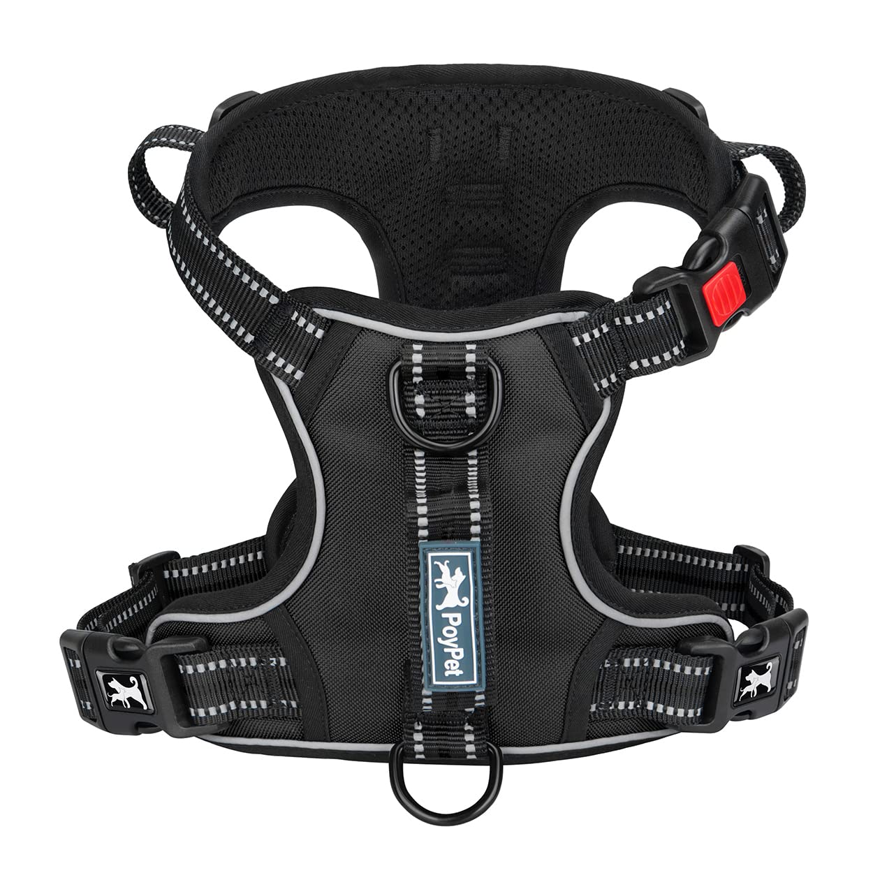 PoyPet No Pull Dog Harness, No Choke Front Clip Reflective Dog Vest with Soft Padded Vertical Handle, 3 Leash Attachments for Small Medium Large Dogs (Black,L)