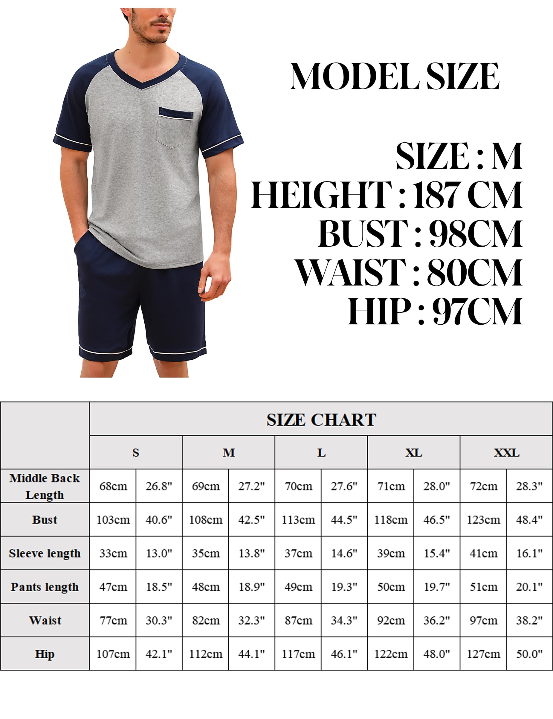 Pijama Hombre Verano Algodón Conjunto de Pijamas Manga Corta y Pantalon Pijama Corto Ropa de Dormir 2 Piezas Bolsillos S-XXL