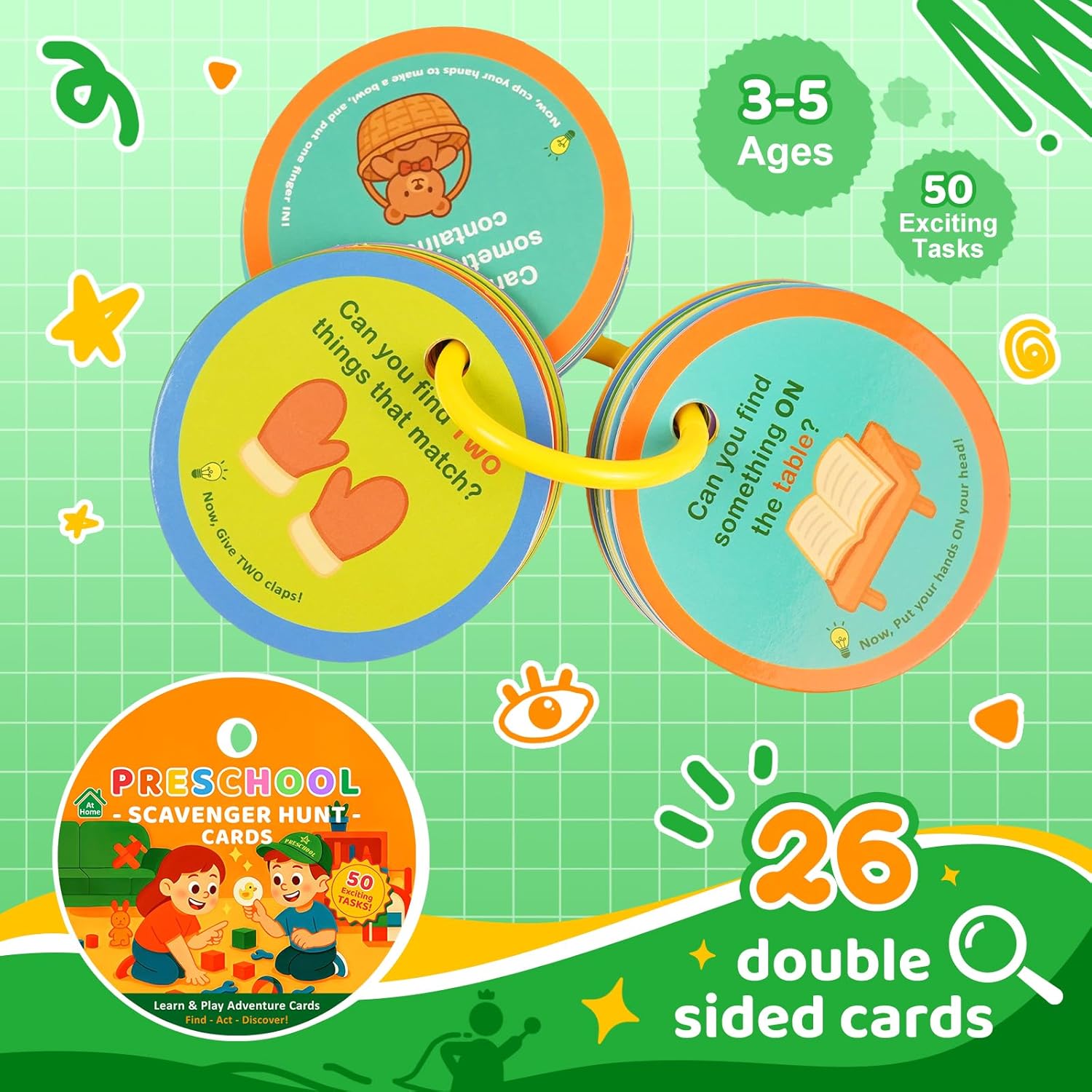 PUREFLY Indoor Scavenger Hunt Cards for Toddlers 26 pcs, Christmas Stocking Stuffers, Birthday Gifts for 3 5 Year Old Kids, Learning Games for Boys and Girls Ages 3-5