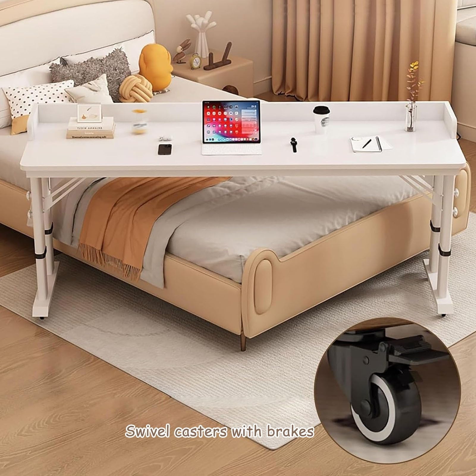 Stół Przyłóżkowy Kółkami, Stolik Nocny na Kółkach Z Regulacją Wysokości, Biurko na Laptopa Nad Stolikami Przyłóżkowymi Przegrodą(Black,150cm/59")