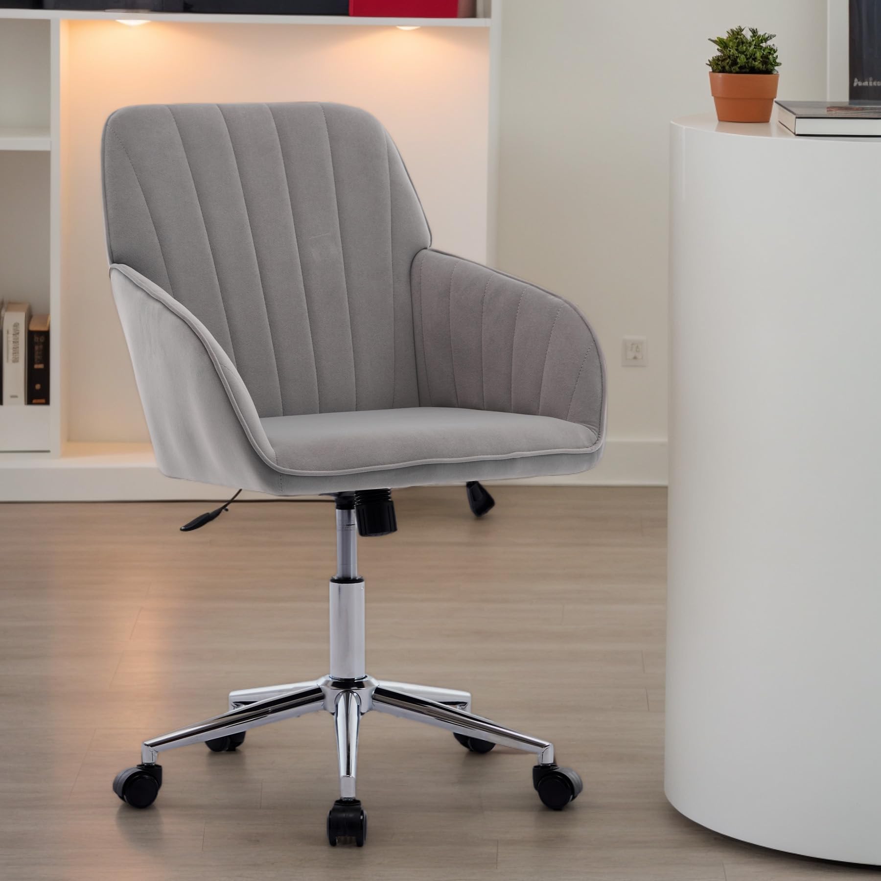 Anwick Velvet Office Chair with Wheels, Modern Vanity Desk Chair, Adjustable Height, Rolling Chair with Arms for Home Office Living Room Bedroom (Gray