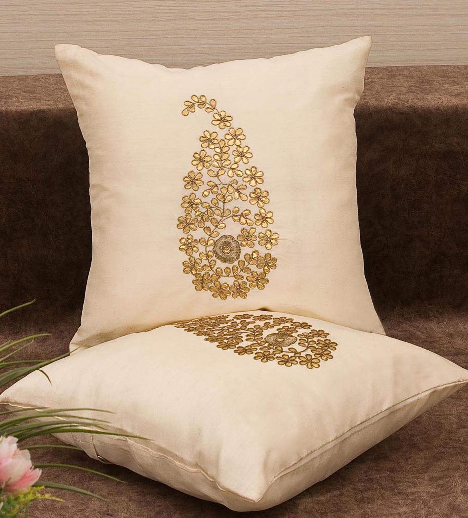 Golden Paisley Leaf (Raw Mango/Ambi/Kairi) Gota Patti Hand Embroidered Cushion Covers (Ivory, 16"x16" inches, 40x40 Cms) - Set of 2-image-2
