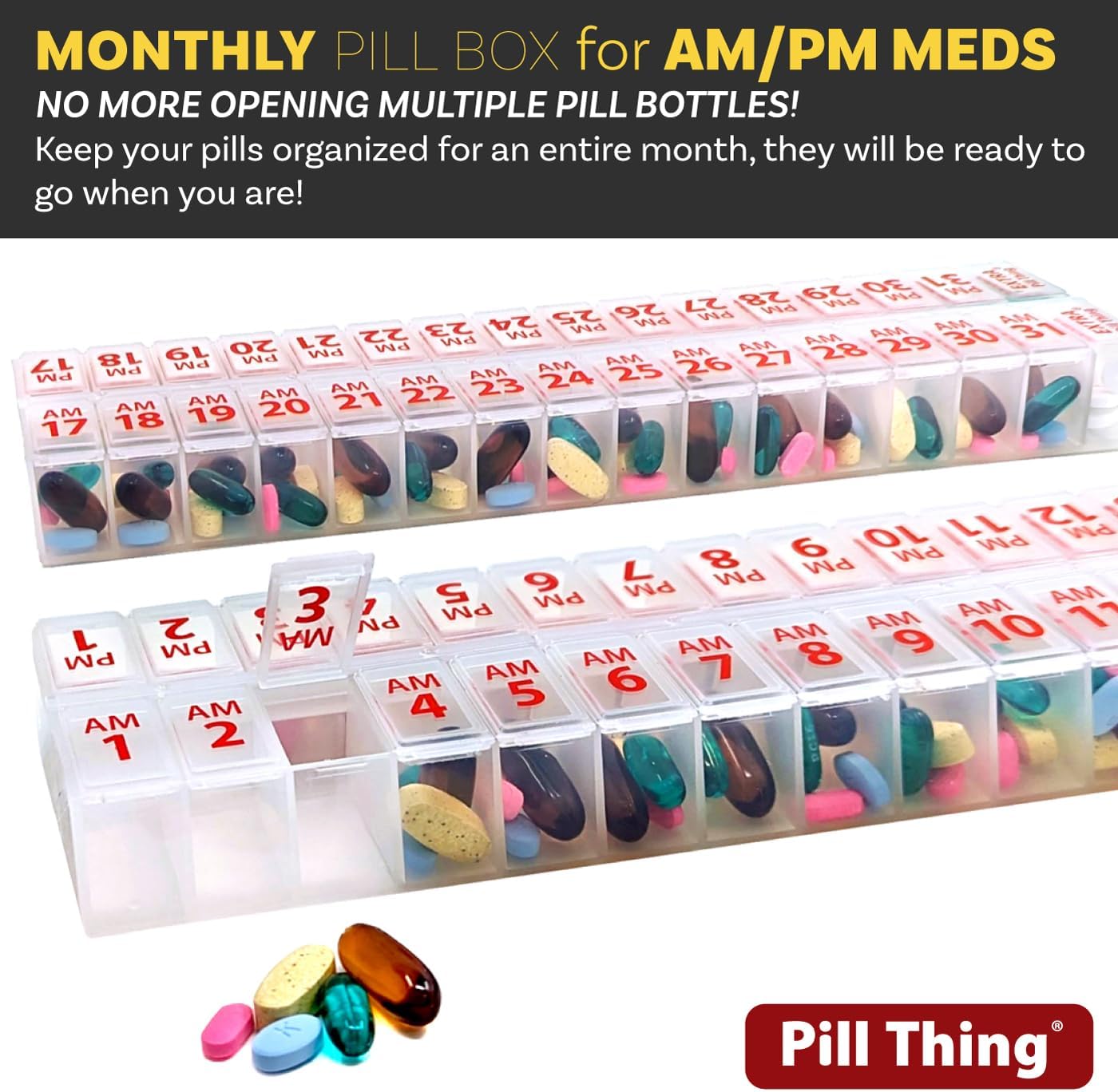 Twice-a-Day Monthly Large Pill Organizer Set - AM/PM Medication Organizer for the Entire Month Pill Box Set Contains 2 Organizers for 1 Month. *NEW Stay-Tight LIDS. BPA Free