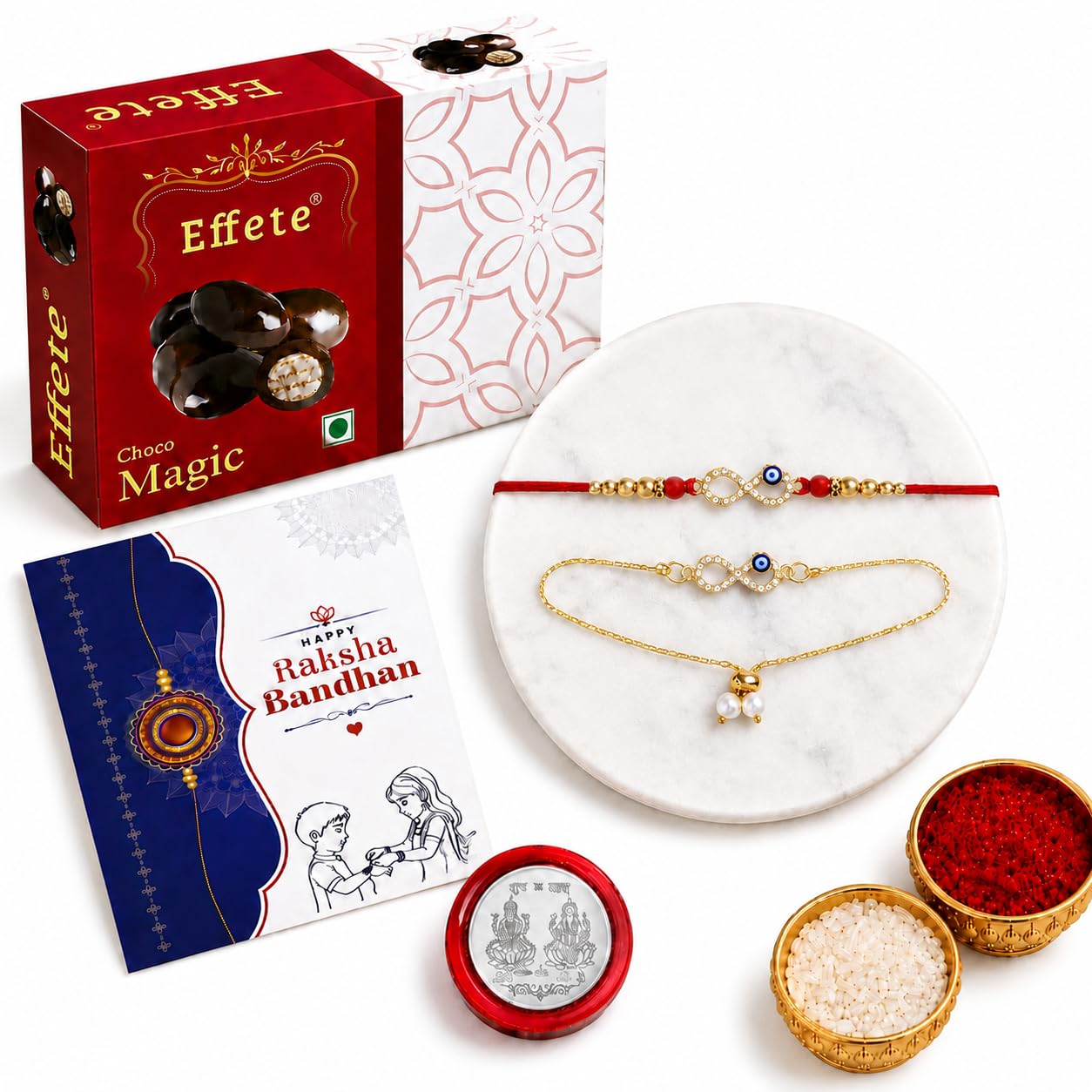 DeoDap Infinity Evil Eye Rakhi for Brother and Bhabhi β Rakhi Set of 2 with Choco Magic Chocolate 32gm, Pooja Coin, Roli Chawal & Card | Gift Hamper for Raksha Bandhan 1