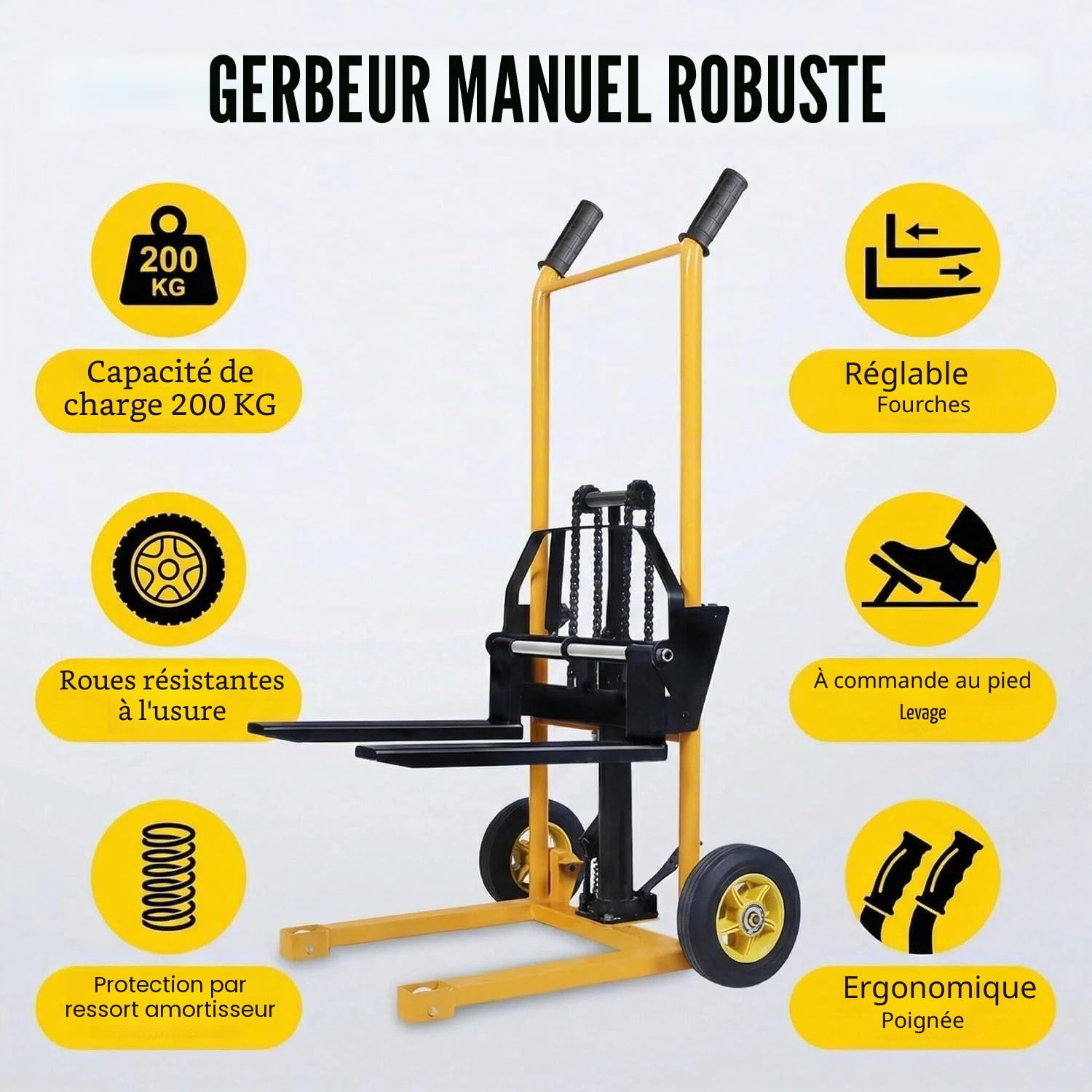 Transpalette Hydraulique Manuel Empileur de Élévateur de Matériel Levage Maximal de 200 kg, Chariot élévateur à Plateforme Chariot élévateur Équipé de avec Pieds Fixes et Fourches Réglables