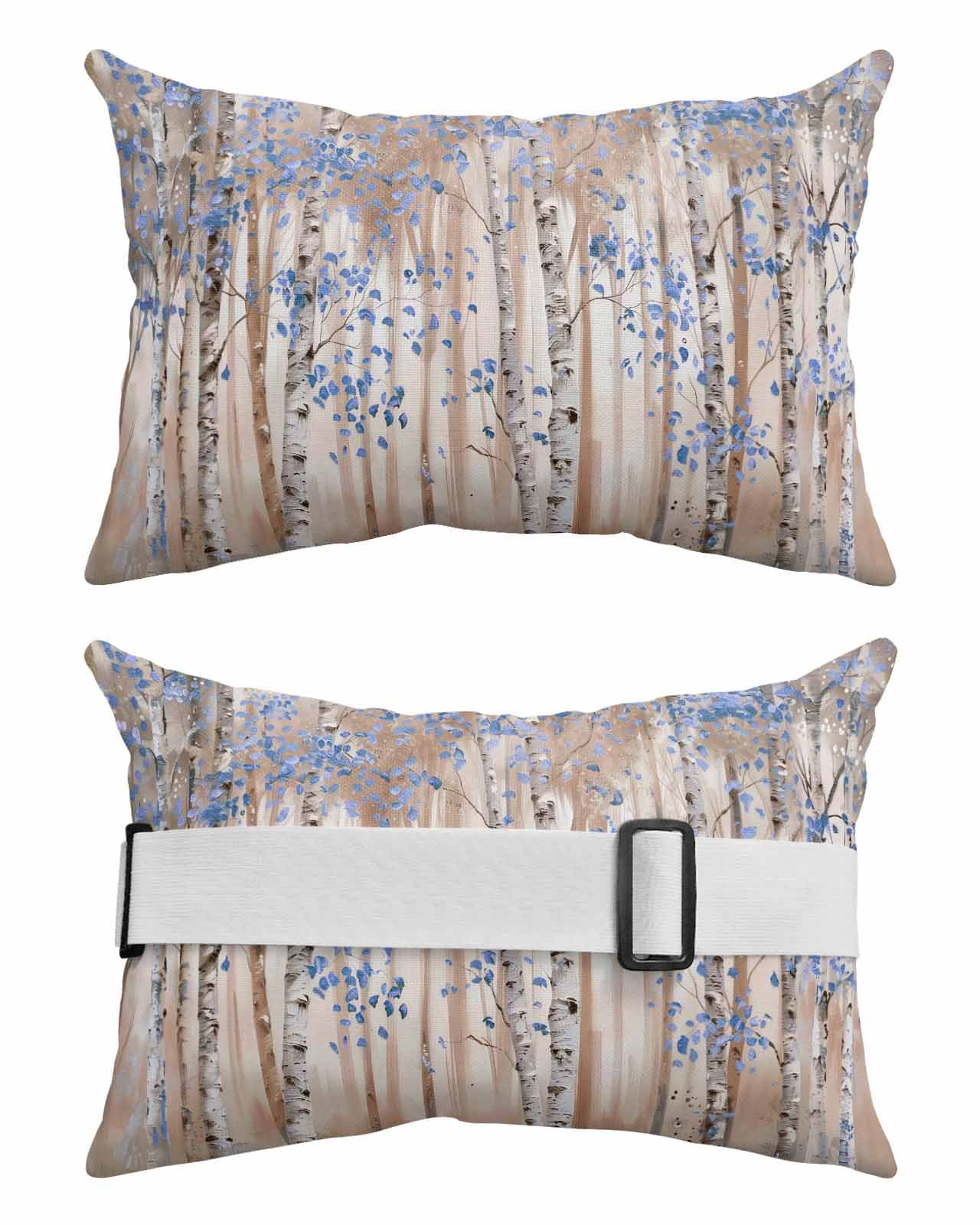 Outdoor Pillows Covers with Inserts Blue Leaves Impressionist Forest Oil Painting Art Waterproof Pillow with Adjustable Strap Throw Pillows for Patio Furniture Pool Lounge Chair, 12x20 Inch, 2PCS