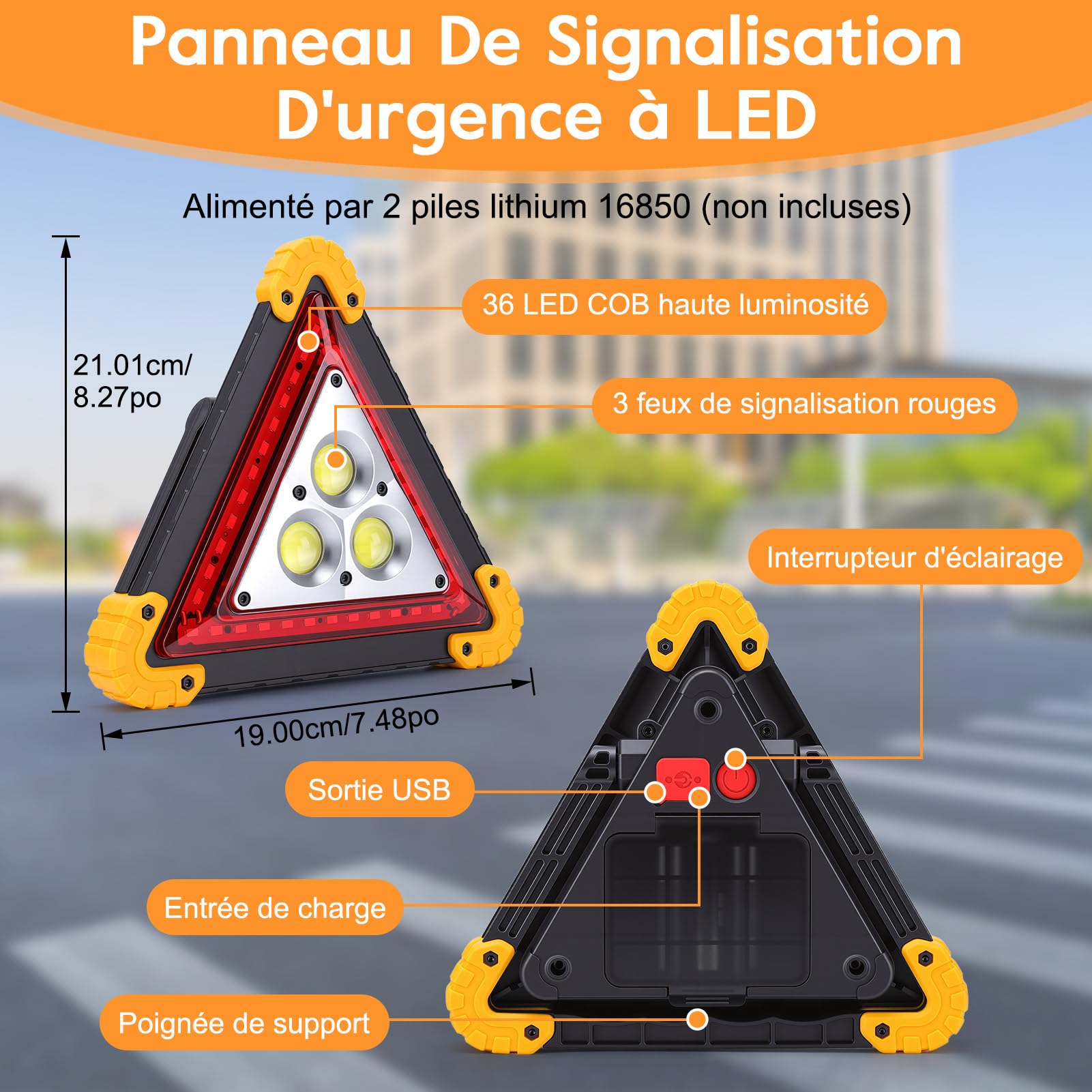 VINGVO Triangle De Signalisation Voiture, 30W LED Triangle Voiture, Haute Visibilité & étanche Triangle Lumineux LED Voiture, 3 Modes Fixe/Clignotant Rouge, Triangle D’Urgence Portable avec Poignée