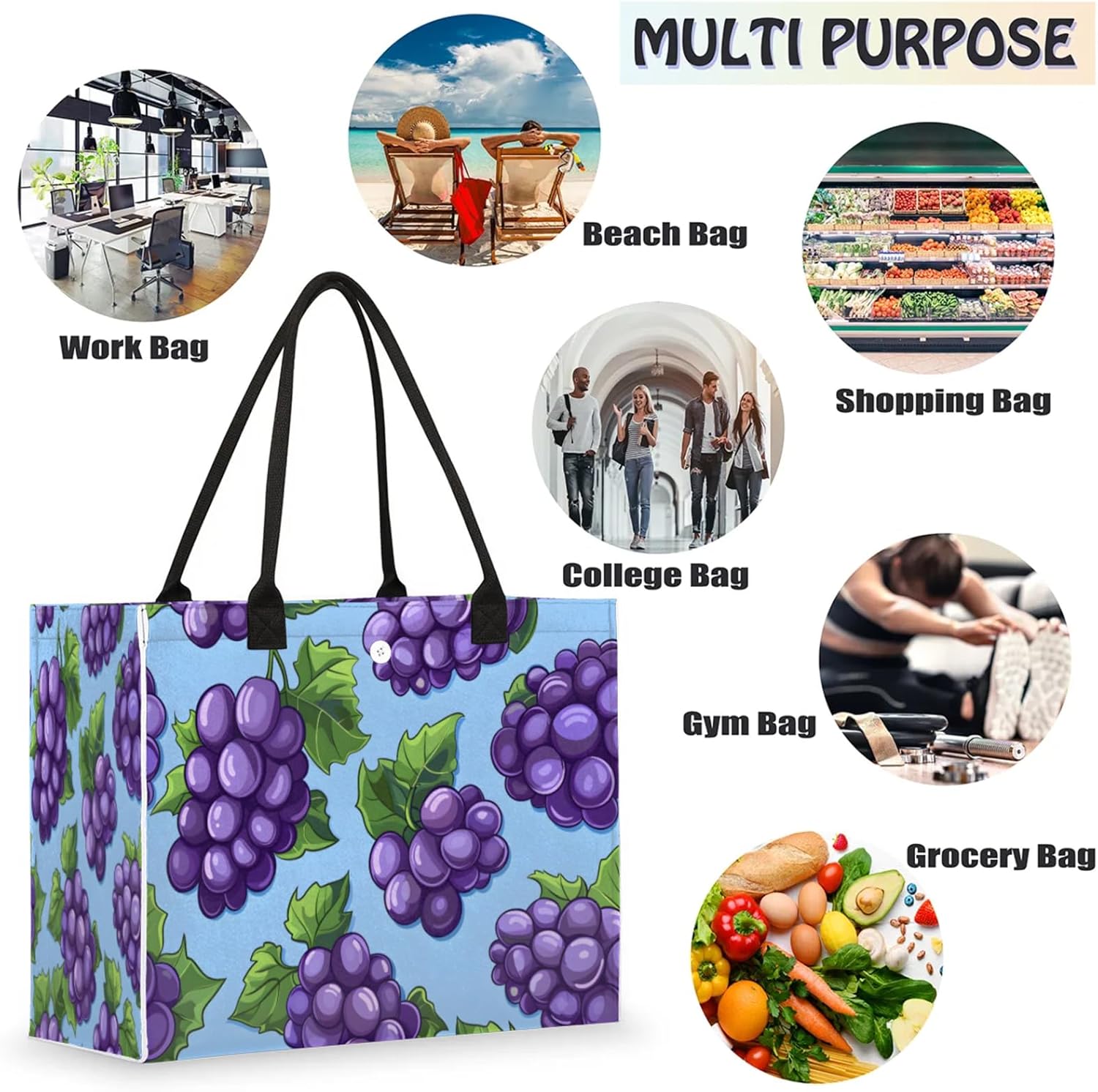 QsirBC Large Tote Bag for Women Men, Travel Beach Bag with Inner Zipper Pocket Snap Closure - Image 5