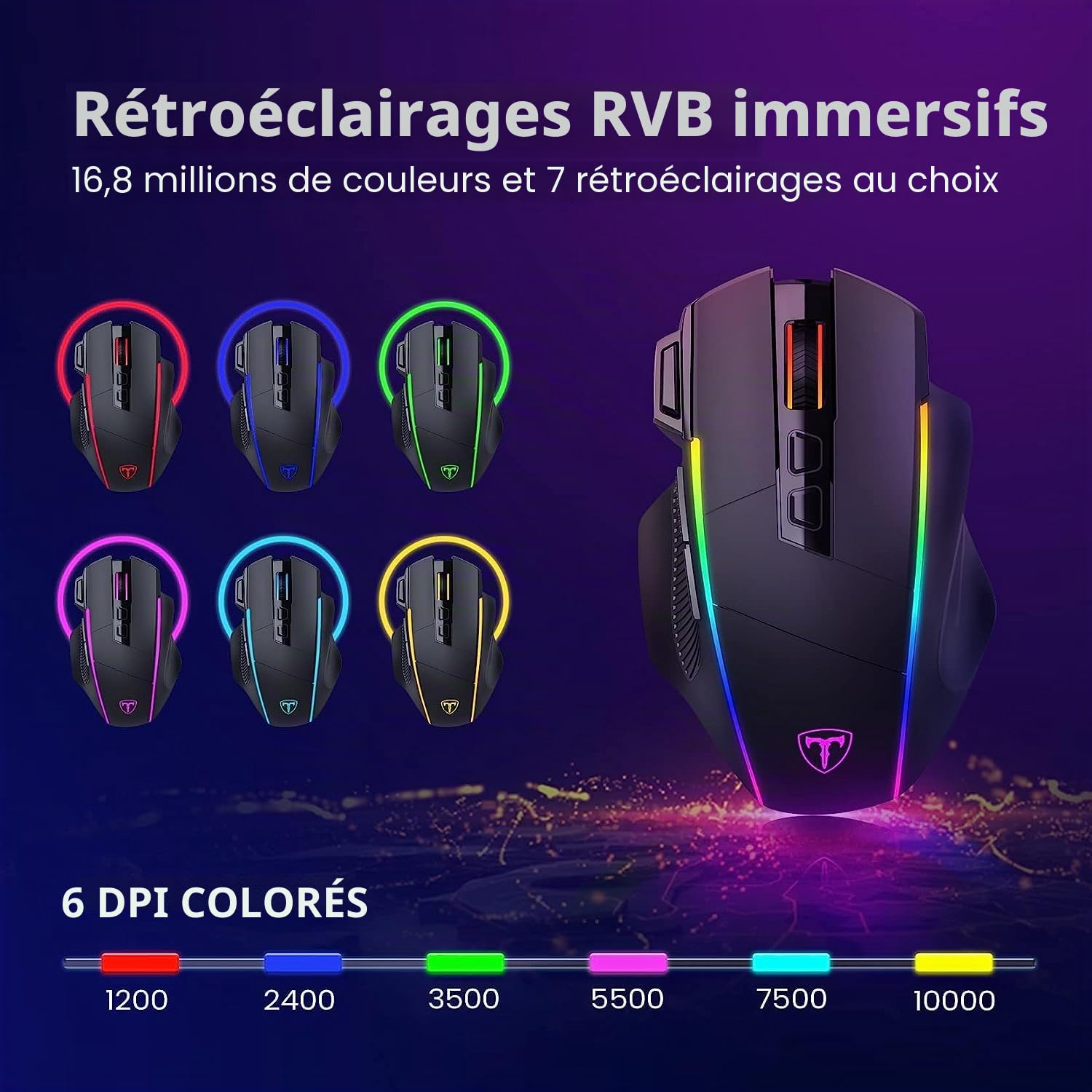 RisoPhy Souris Gamer sans Fil, Tri-Mode 2.4 G/USB-C/Bluetooth,10 000 PPP, RVB, Ergonomique, 8 Boutons Programmables,Souris Gaming de Rechargeable,PC/Mac - Noire
