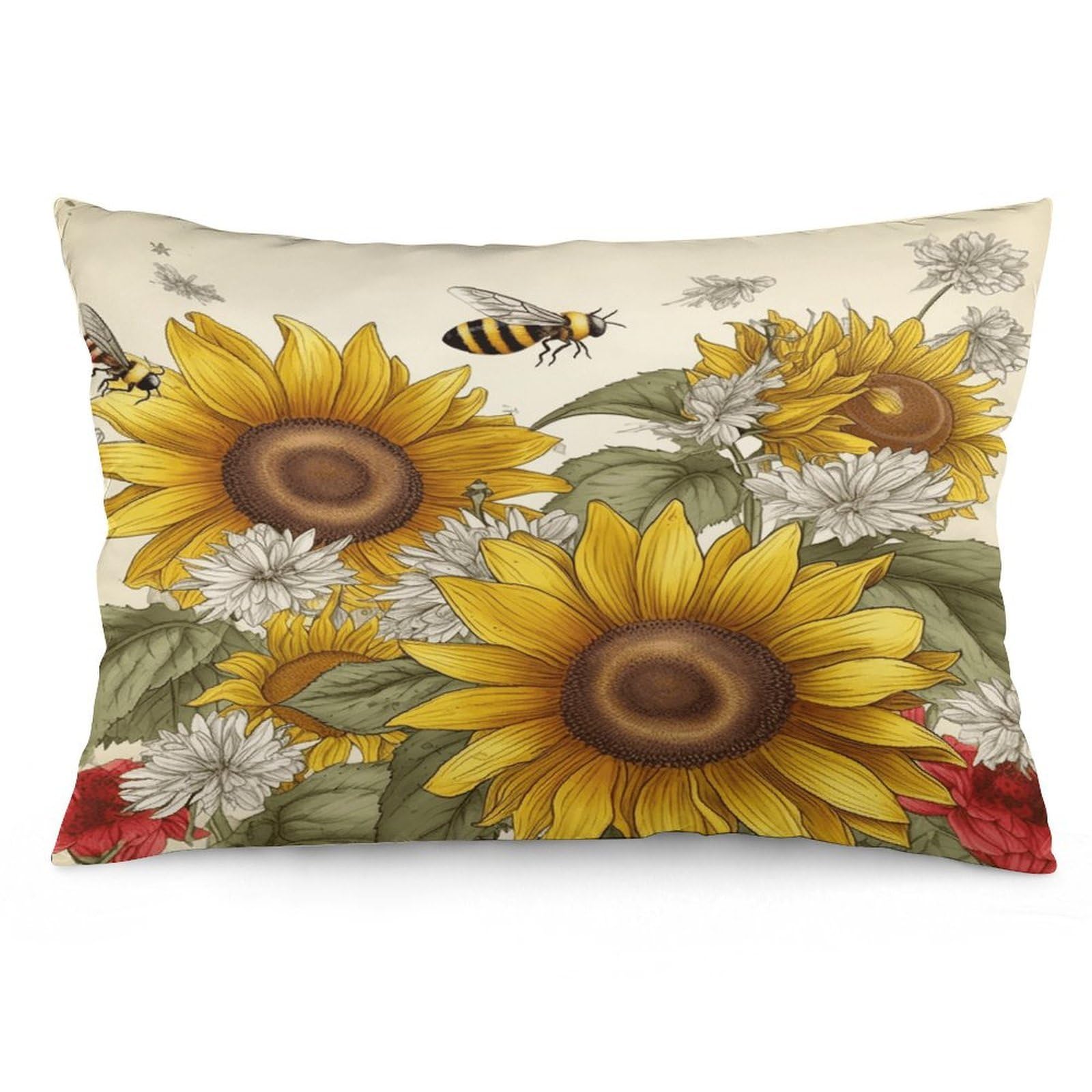 Bees Sunflowers Daisy Rose Flowers Throw Pillow Cover Soft Pillow Case Decorative Lumbar Pillow Cover Cozy Throw Pillowcase Polyester Rectangular Cushion Case Decor for Couch Sofa Bed