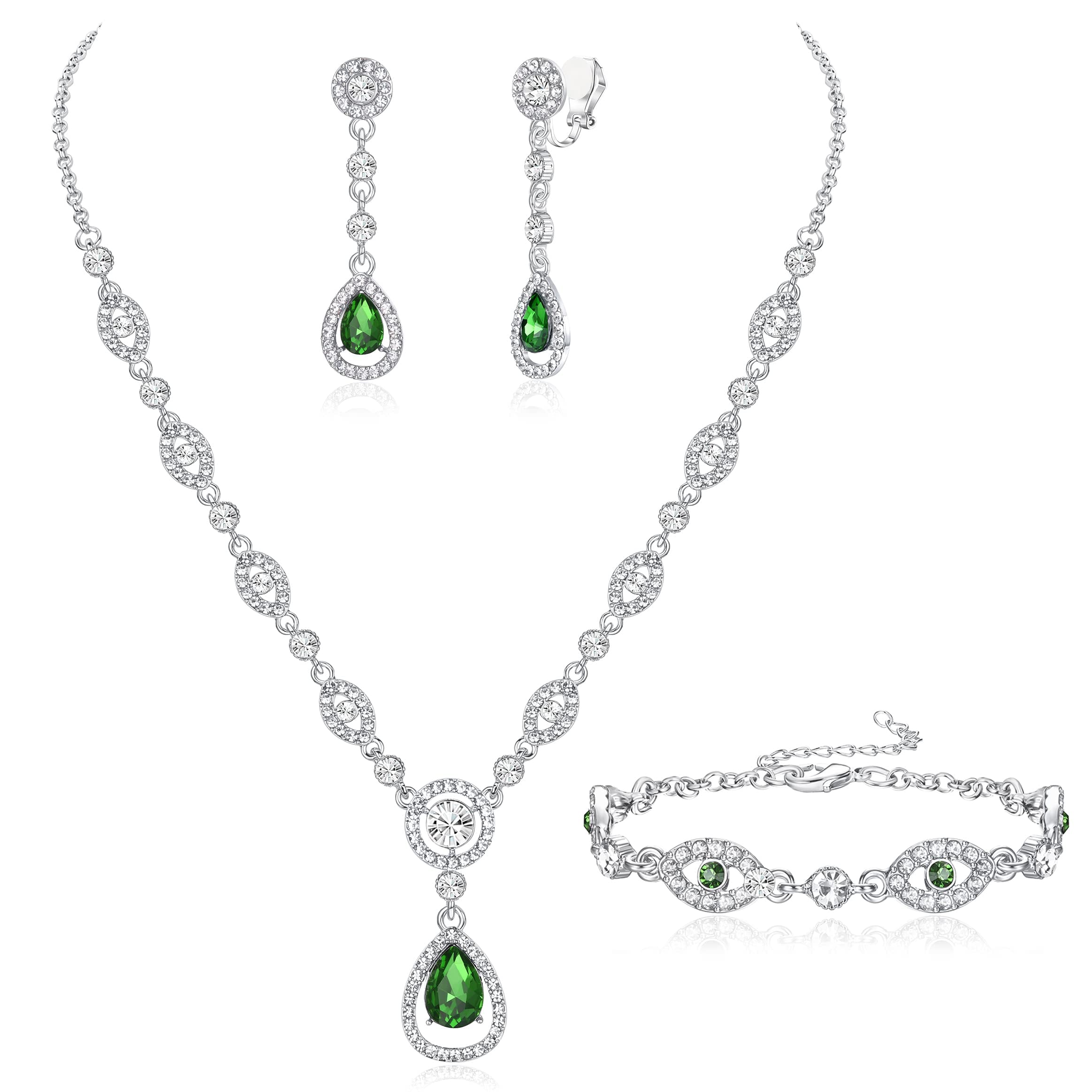 JeryWe Joyas De Novia Set de Mujer Conjunto de Joyería de la Boda para Collar De Cristal Pulsera Clip En Pendientes Set Conjunto de Fiesta Conjuntos de la Boda del Partido