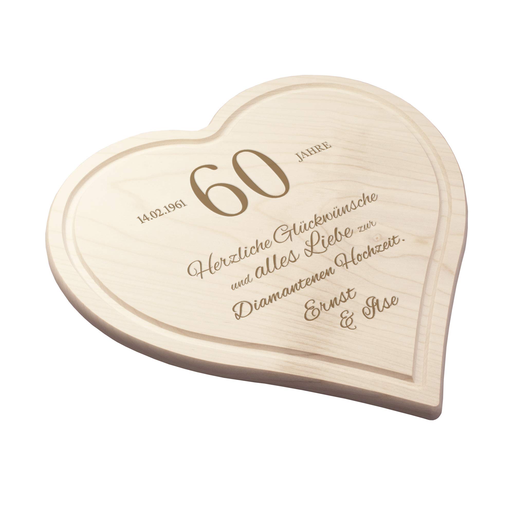 Casa Vivente Herz Schneidebrett mit Personalisierter Gravur und Saftrille, Glückwunsche zur Diamantenen Hochzeit mit Namen und Datum, 30 x 30 CM
