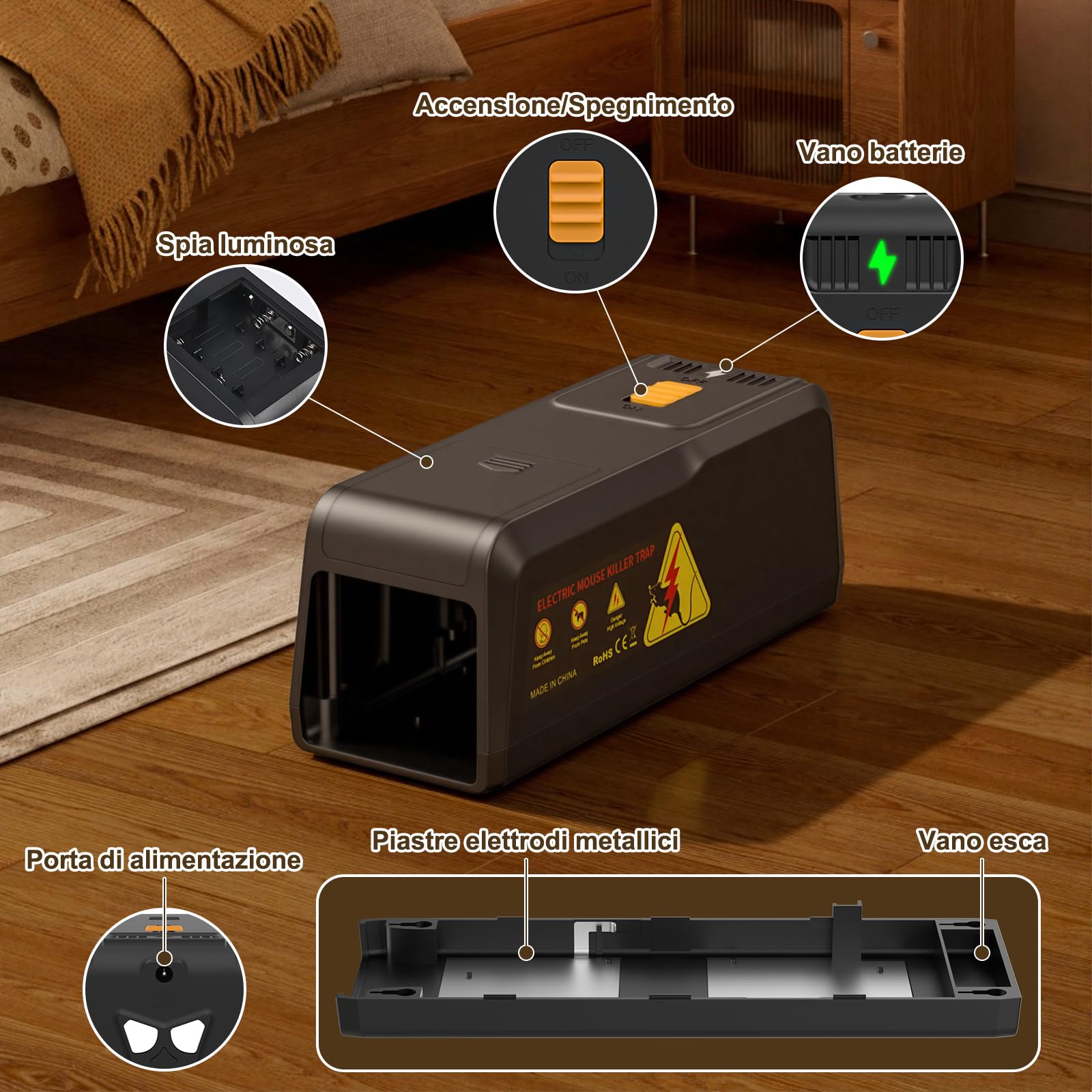 Trappola per Topi Elettrica Potente Tensione Trappole Elettriche per Topi e Ratti per Casa Trappolino Elettrico Riutilizzabile,Trappole per Topi Interno,Senza Toccare, Adatto per Domestici