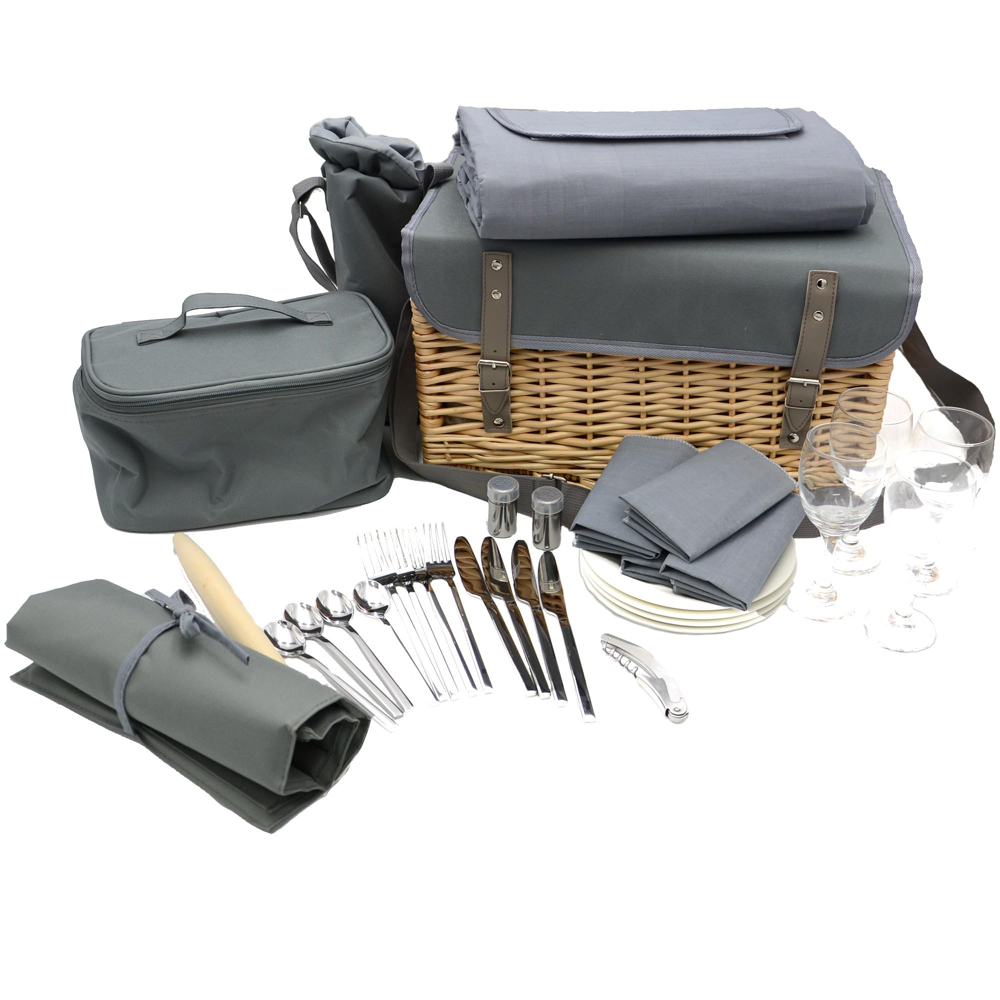 UNUS Picknickkorb 4-Personen 33-teiliges Komplettset mit Serviertisch, Picknickdecke und Geschirr