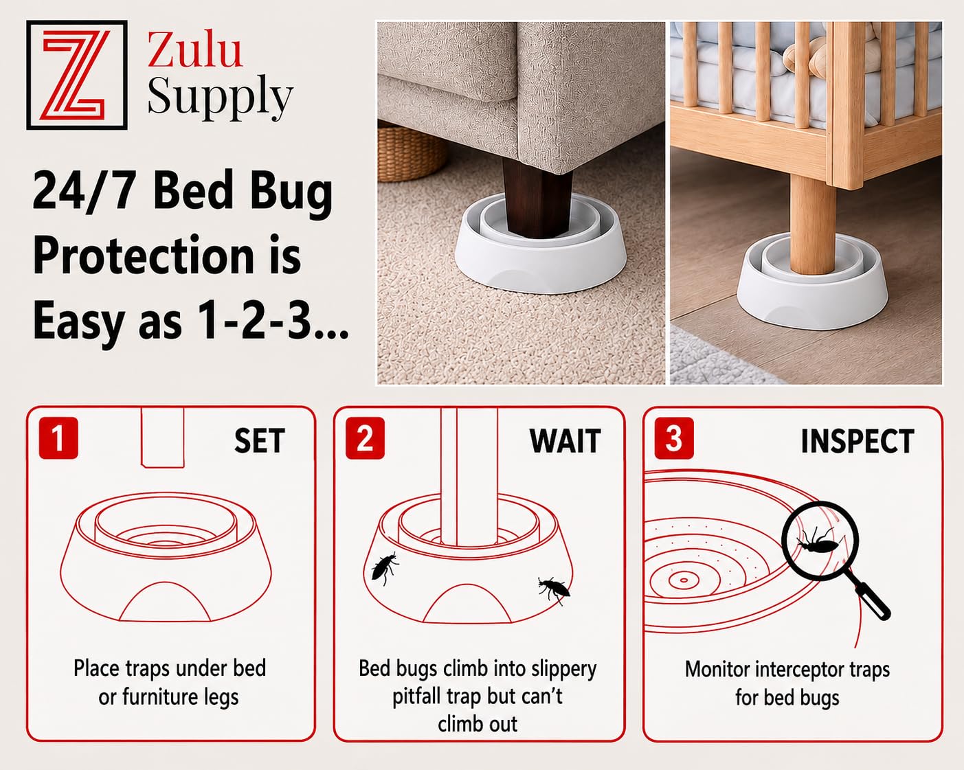 Zulu Supply - Trappole intercettatori per cimici, confezione da 12, monitor per cimici, rilevatore per gambe del letto o mobili (bianco, confezione da 12 pezzi)