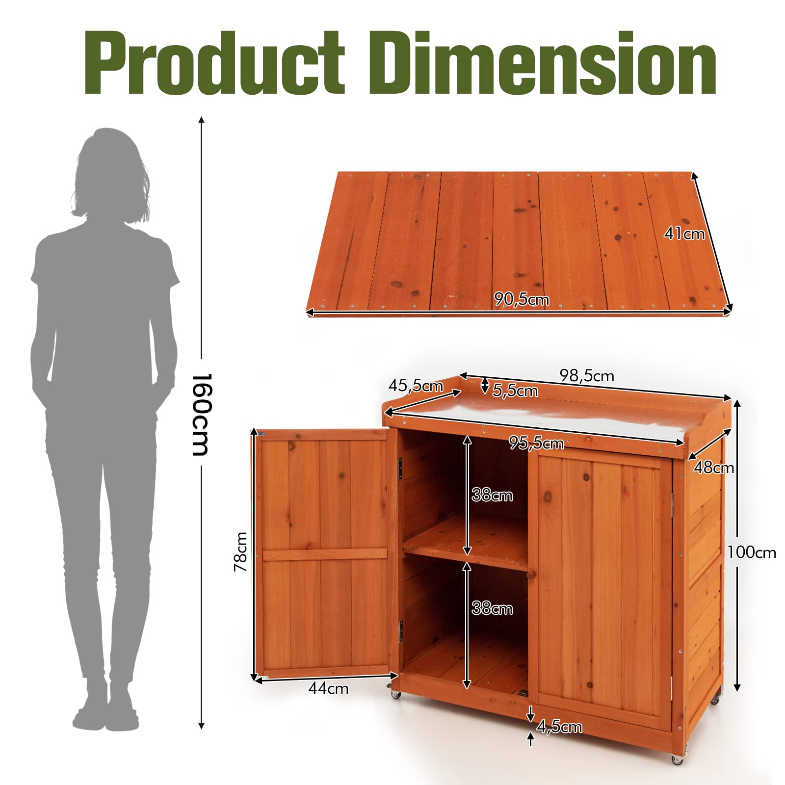 FANTASK Gartenschrank mit herausnehmbarem Regal, Holz Lagerschrank auf Rollen, Stahl-Platte, 98,5x48x100cm