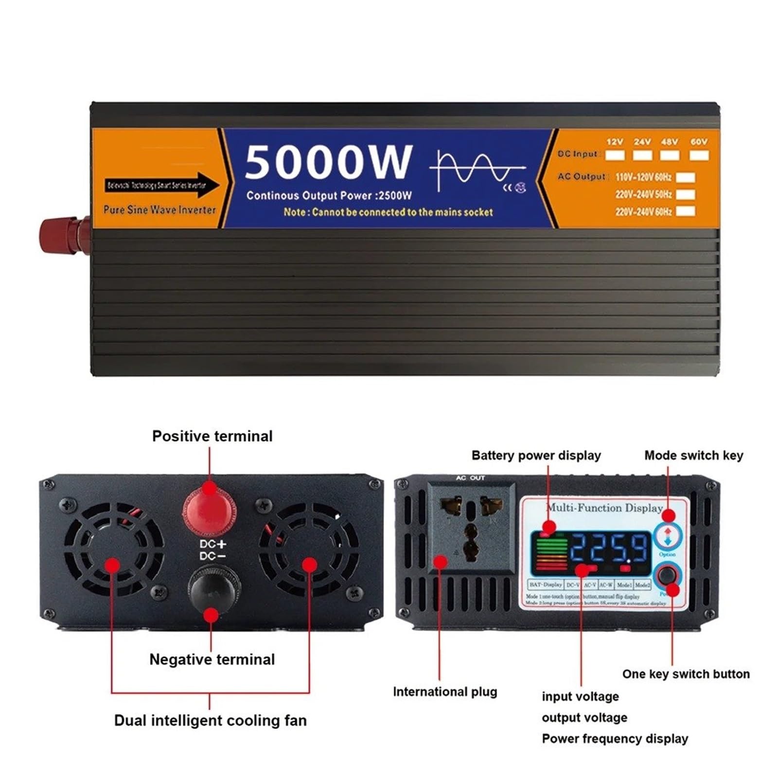 Inversor Onda Sinusoidal Pura con Transformador Voltaje Pantalla LCD Solar CC 12 V/24 V/48 V/60 V A CA 110 V/220 V 2000 W 3000 W 4000 W 5000 W Convertidor(24V,127V 60HZ,3000W)