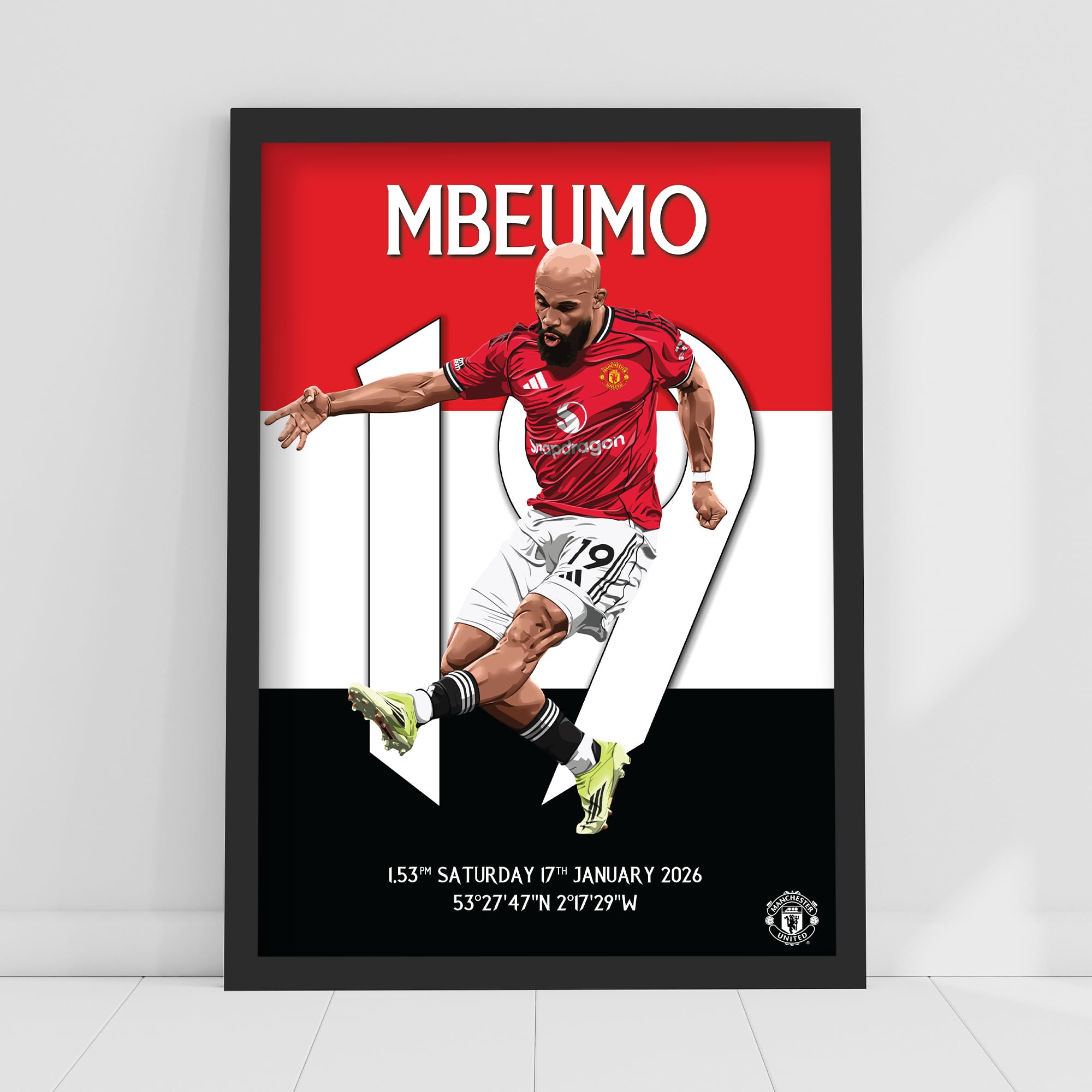 Themed Red Manchester United Fc Print - Mbeumo Manchester Derby Goal Illustration Poster Football Wall Art (21Cm X 29.7Cm - A4)