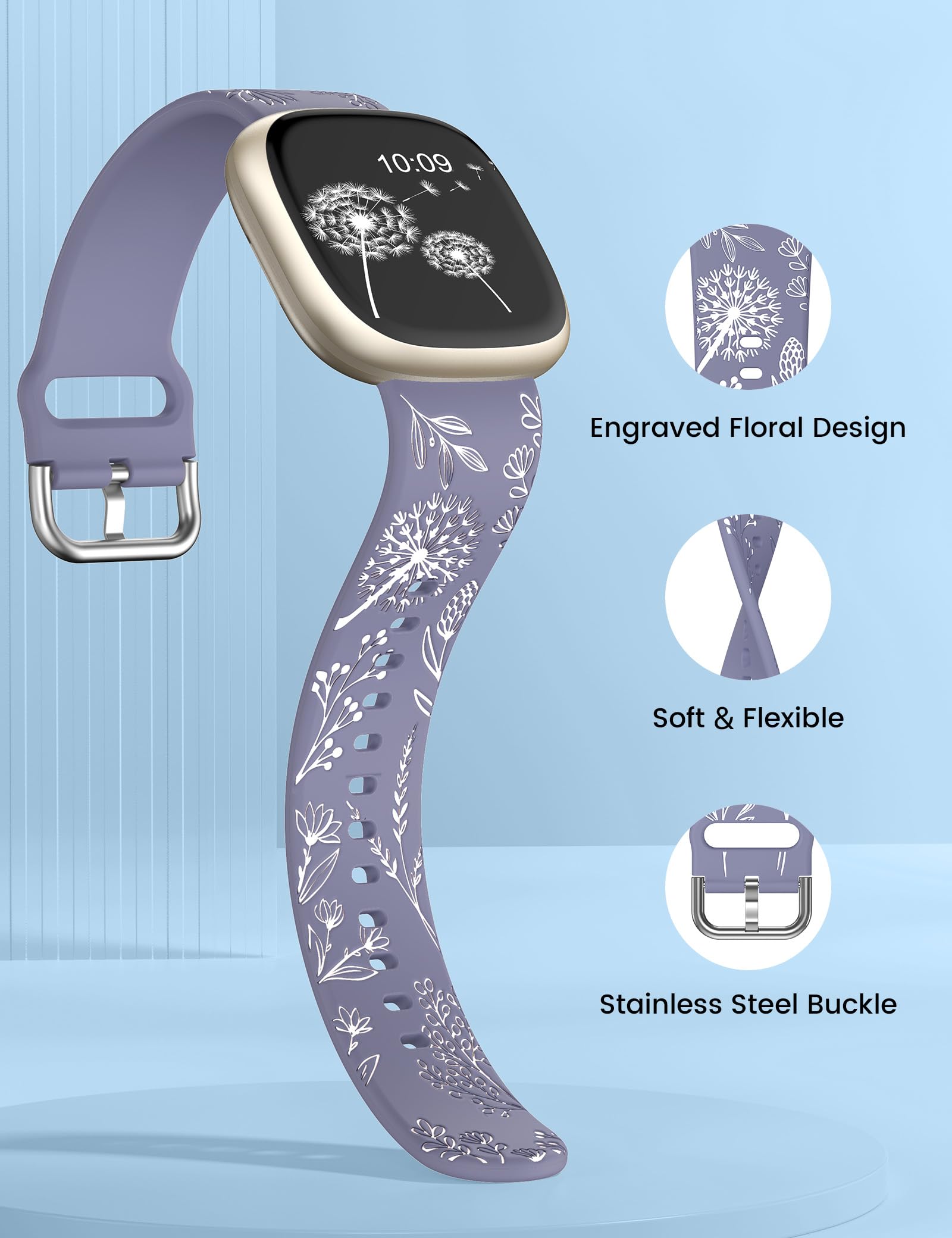 Wearlizer 2 Pack Floral Engraved Strap Compatible with Fitbit Versa 3 Straps/Versa 4 Straps/Sense 2/Sense Bands Women - Image 4