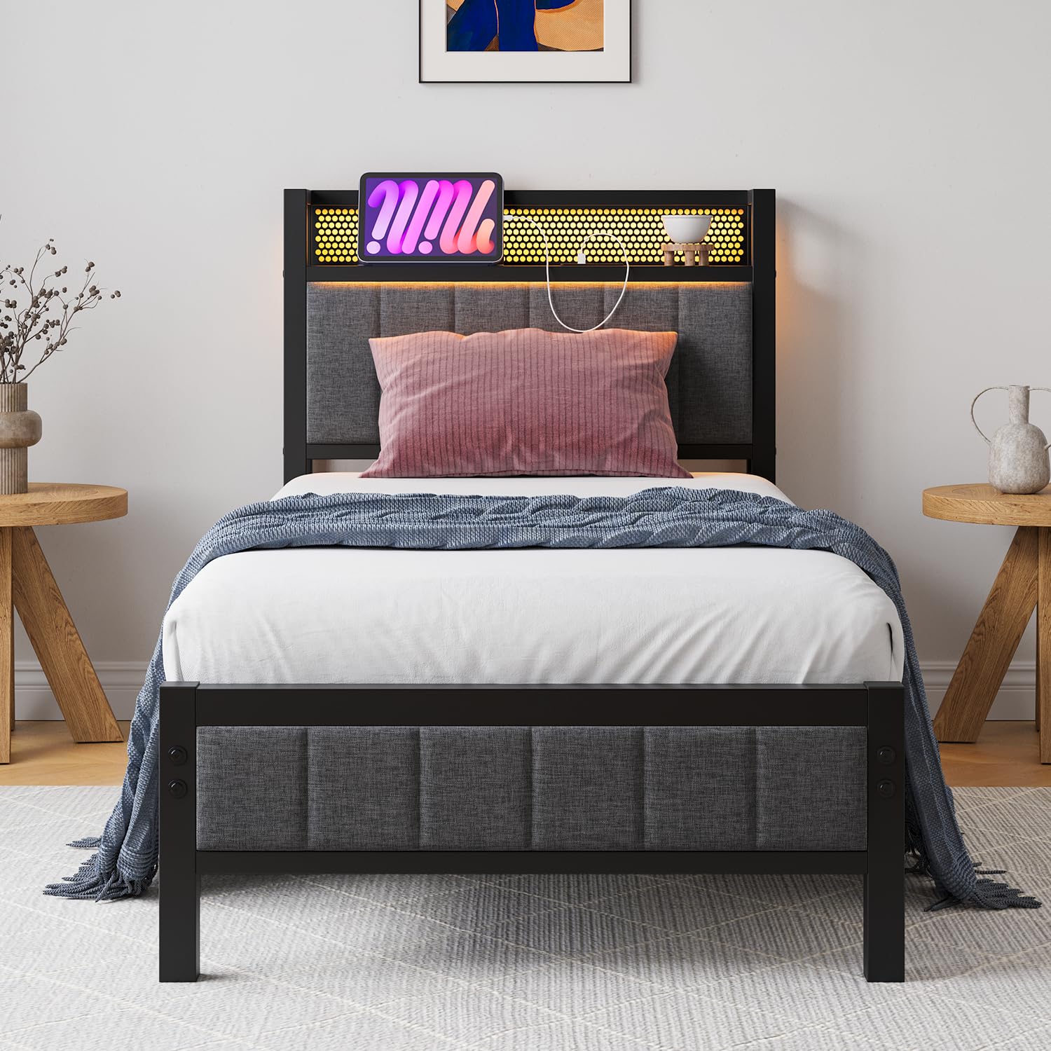 Single Bed Frames with Storage Headboard and Charging Station/LED Lights,Heavy Duty Metal Bed Frame Single No Box Spring Needed,Solid Bedstead Base/Strong Steel Slats Support/Grey