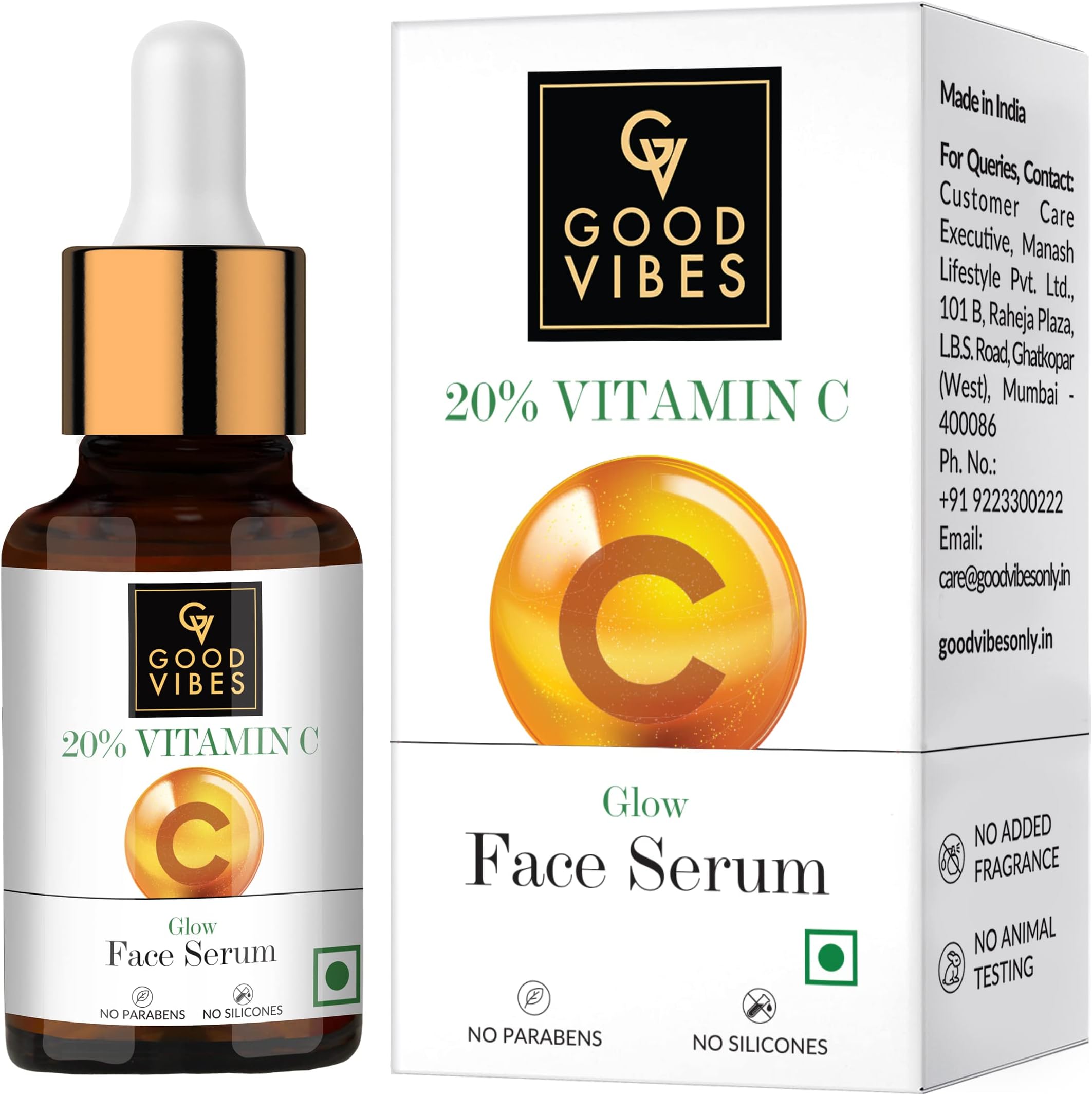 Good Vibes20% Vitamin C Serum, 10 ml Light Weight Moisturizing Age Defying Face Serum For All Skin Types Helps Corrects Dark Spots Pigmentation, Natural, No Parabens & Sulphates, No Animal Testing