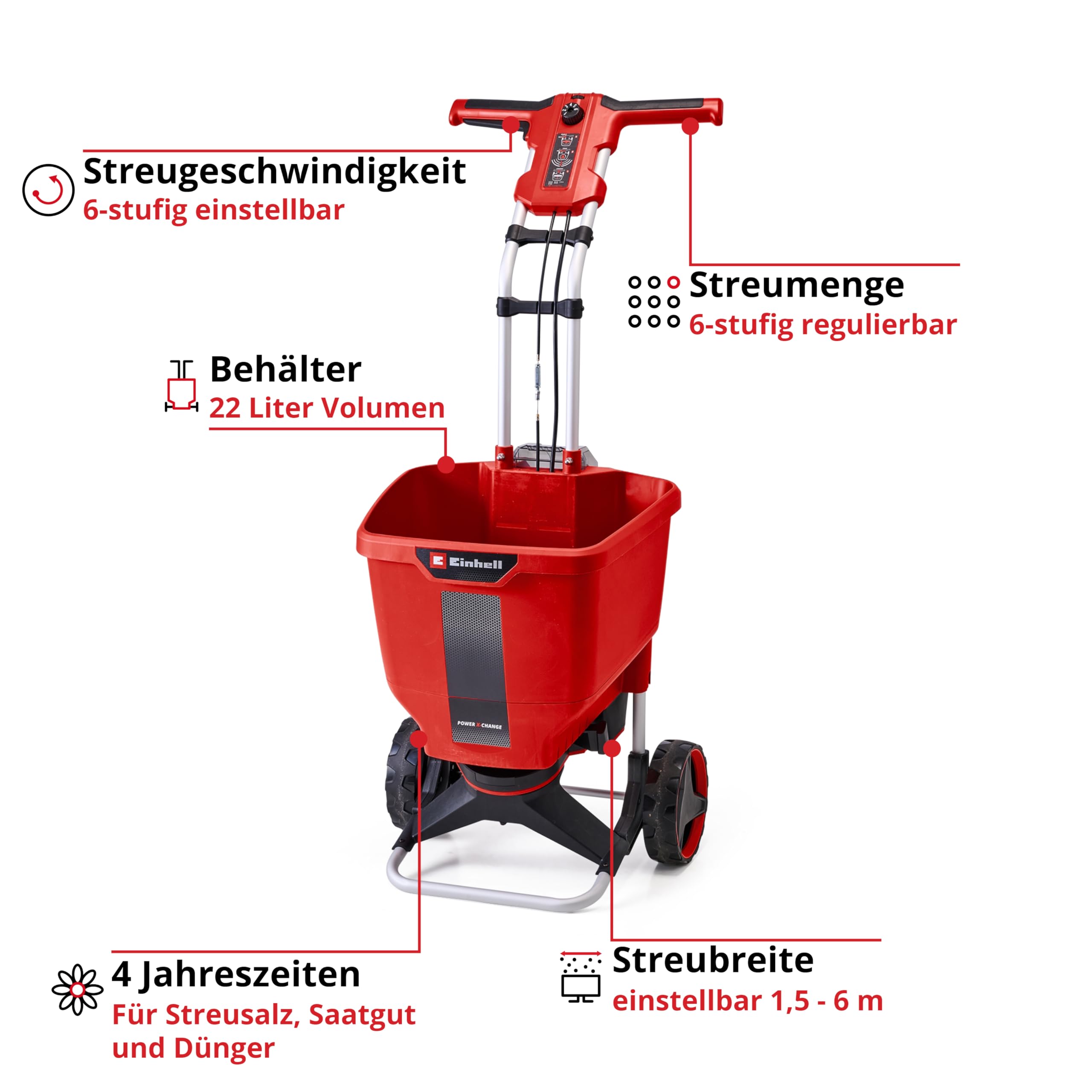 Einhell Akku-Streuwagen GE-SR 18/22 Li-Solo Power X-Change (18 V, 22 L, max. 6 m Streubreite, 6-stufige Streugeschwindigkeit, 6-stufige Streumengenregulierung, ohne Akku)